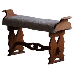 Danish Jugendstil, Art Nouveau Stool / Piano Bench in Oak & Lambswool, 1900s