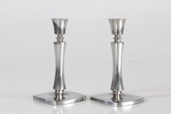 Danish Just Andersen Pair of Square Form Candle Sticks of Polished Pewter 1960s
