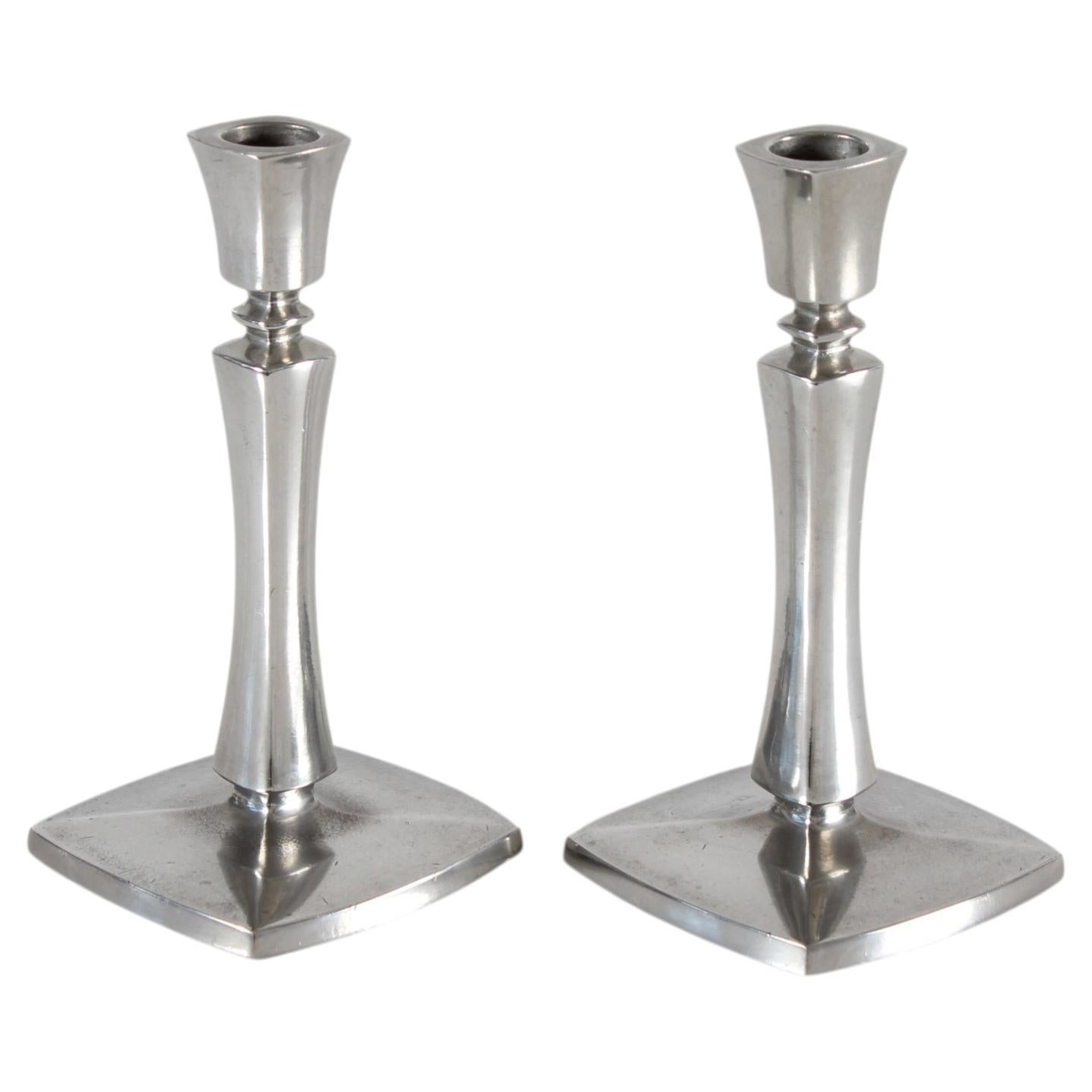Danish Just Andersen Pair of Square Form Candle Sticks of Polished Pewter 1960s