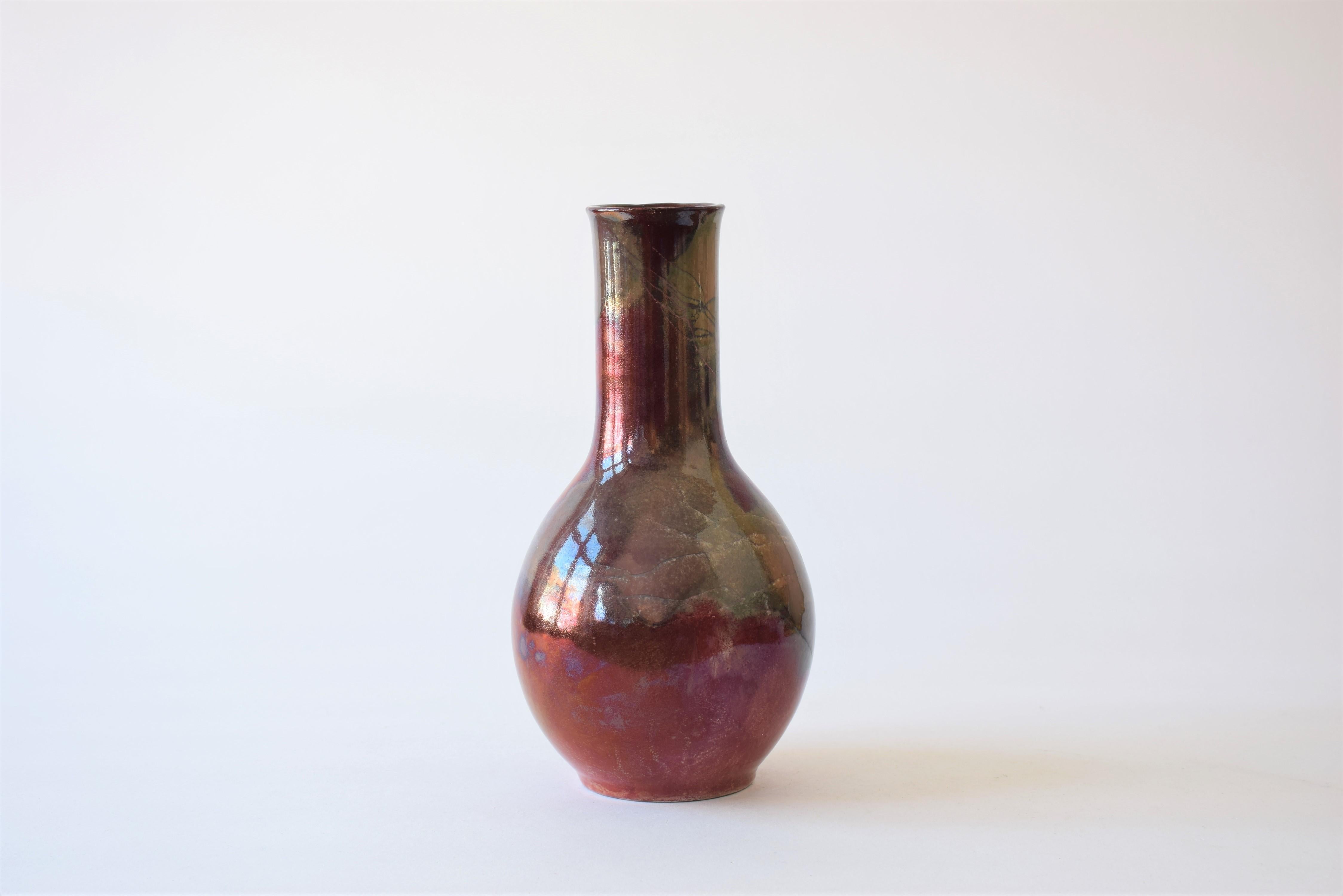 Mid-Century Modern Danish Kähler HAK Tall Ceramic Vase with Red Lustre Glaze, Early 1900 For Sale