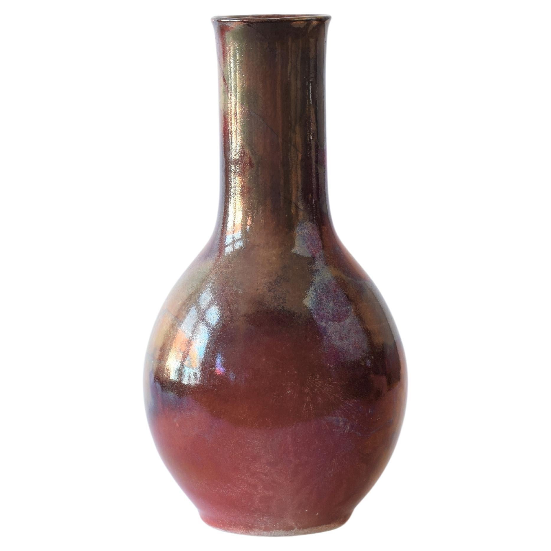 Danish Kähler HAK Tall Ceramic Vase with Red Lustre Glaze, Early 1900 For Sale