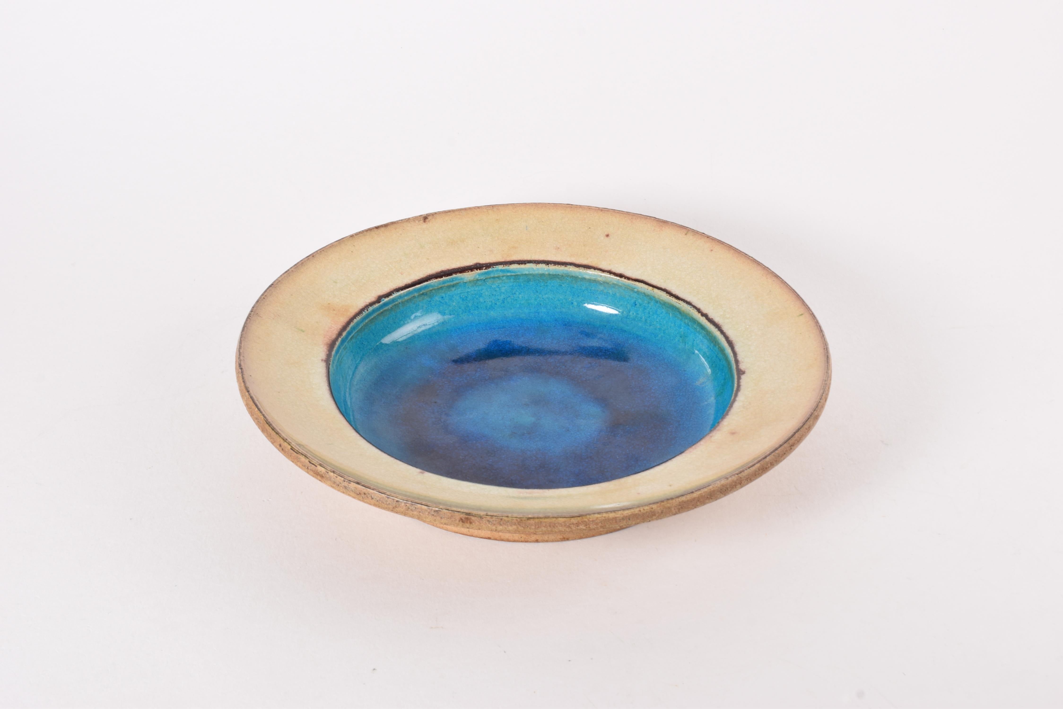 Vernissé Grand bol danois en céramique Kähler Turquoise Beige Oxblood Red Glaze Brutalist en vente