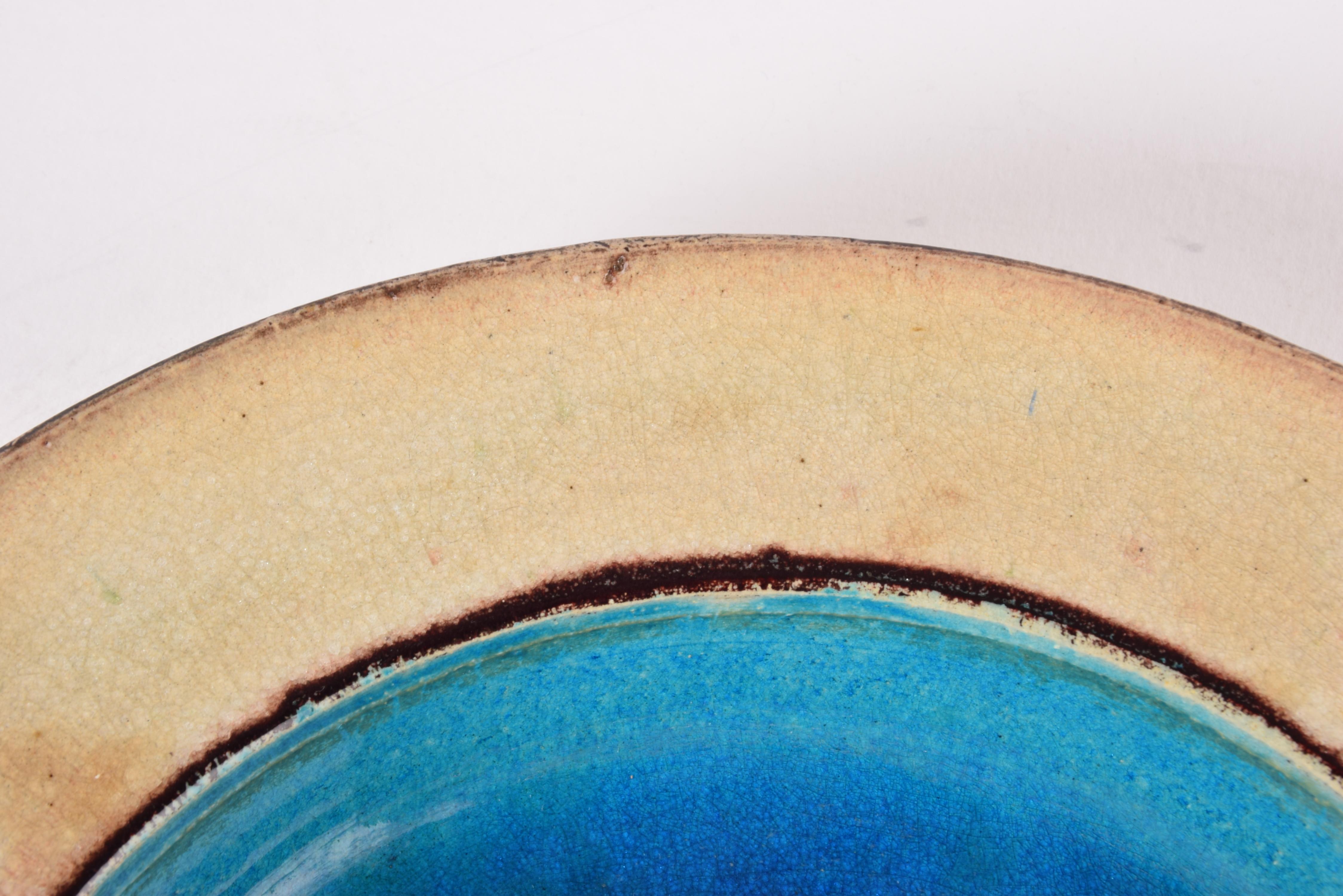 Céramique Grand bol danois en céramique Kähler Turquoise Beige Oxblood Red Glaze Brutalist en vente
