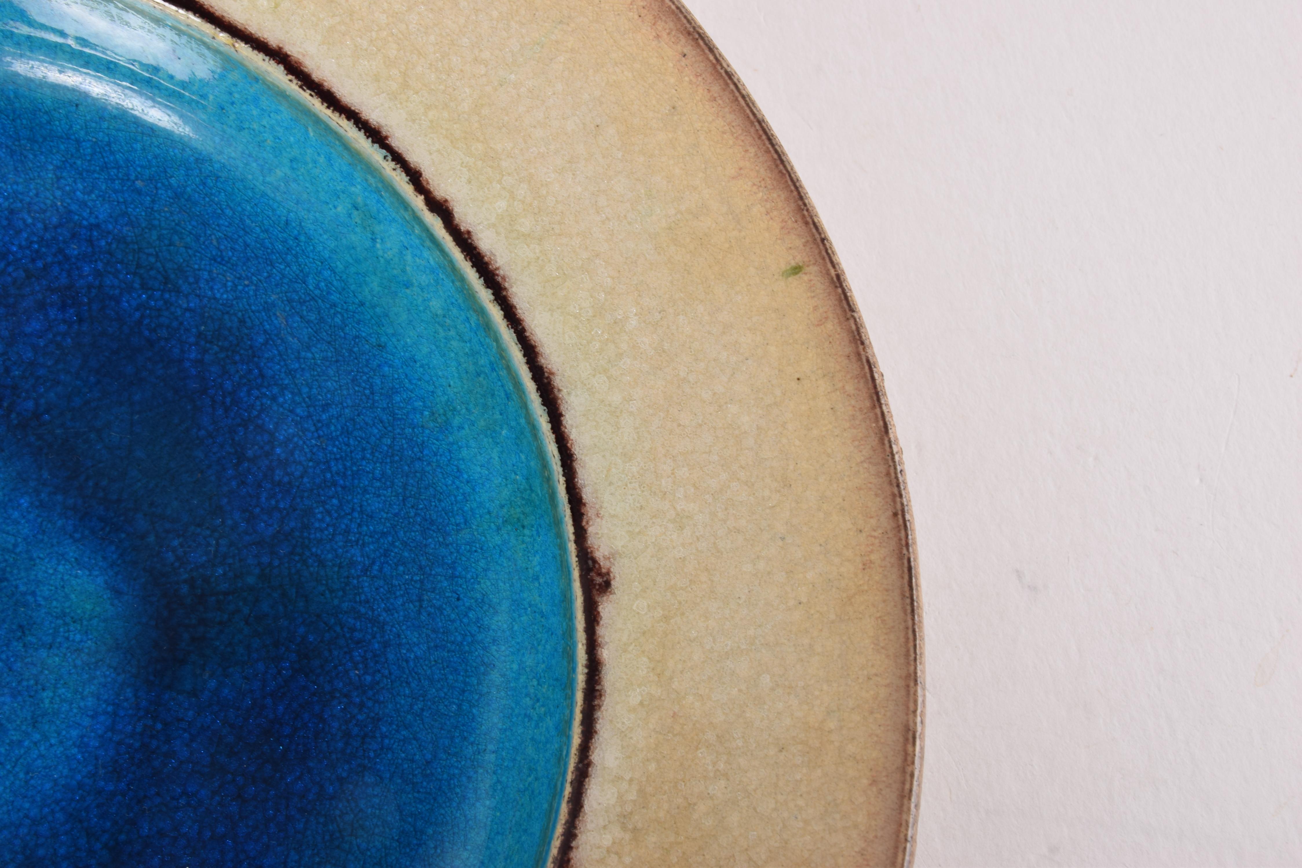 Grand bol danois en céramique Kähler Turquoise Beige Oxblood Red Glaze Brutalist en vente 1