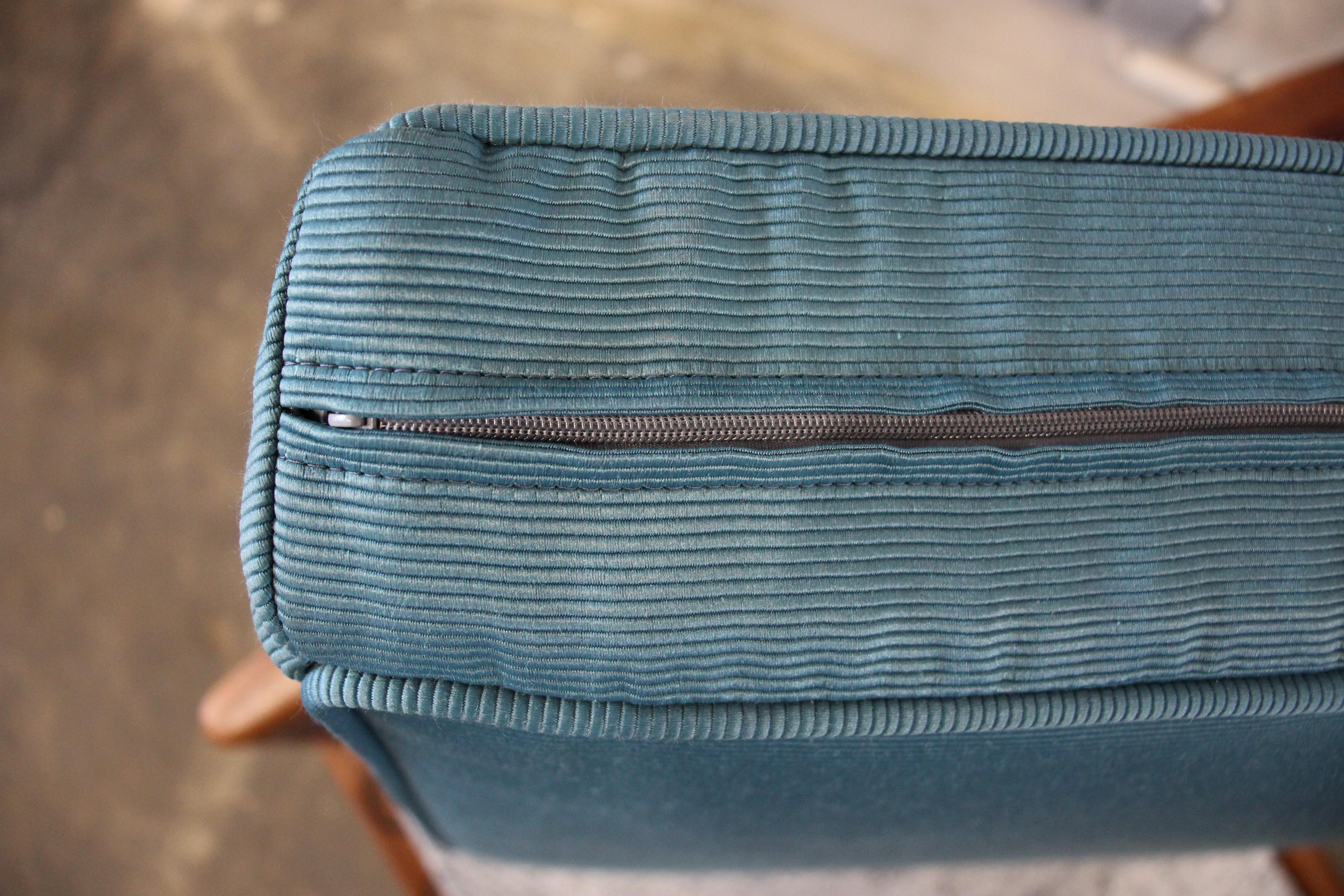 Danish Kai Kristiansen Paper-Knife Chair, Easy Chair Teak, with New Blue Fabric 7