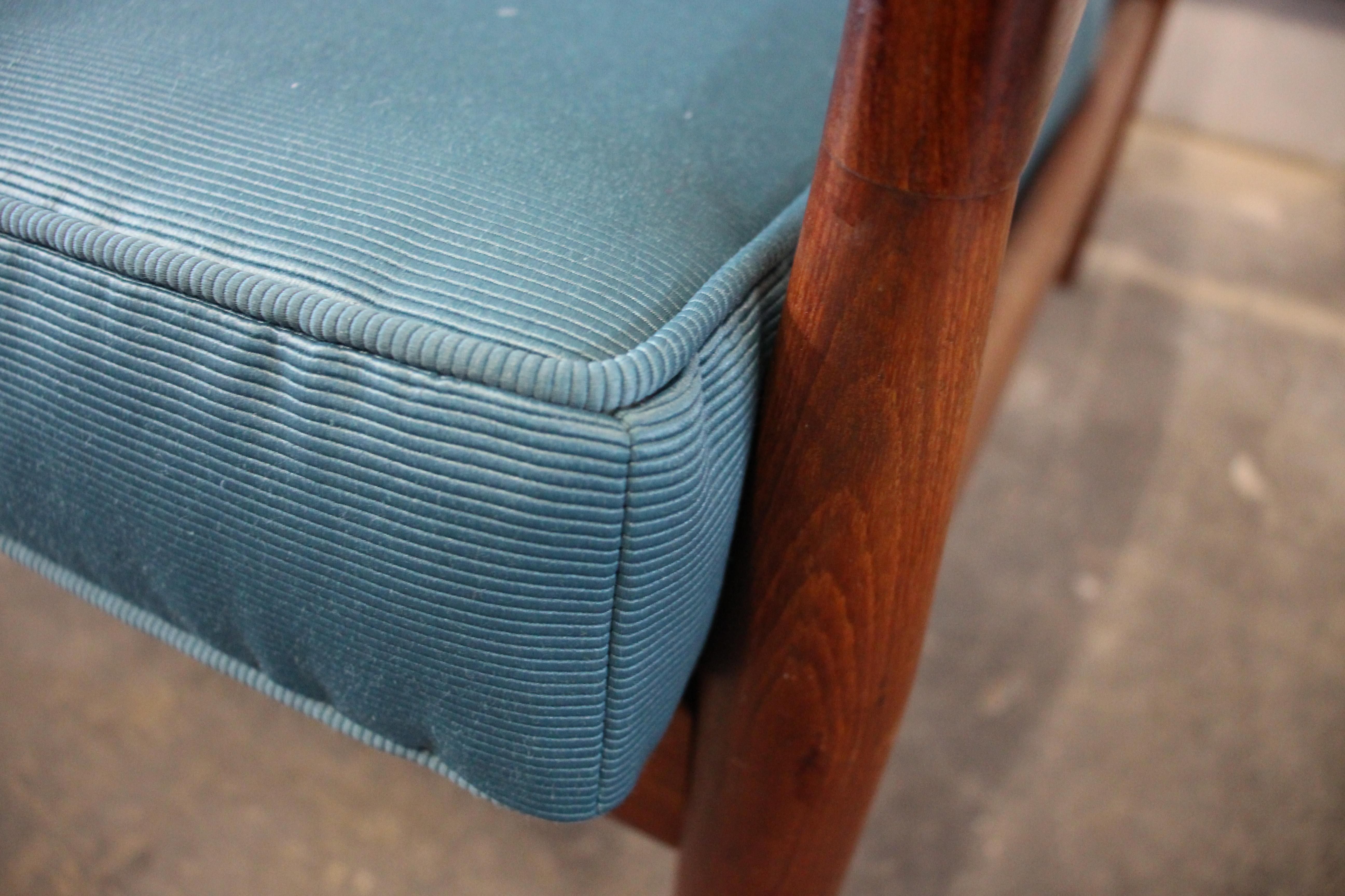 Danish Kai Kristiansen Paper-Knife Chair, Easy Chair Teak, with New Blue Fabric 8