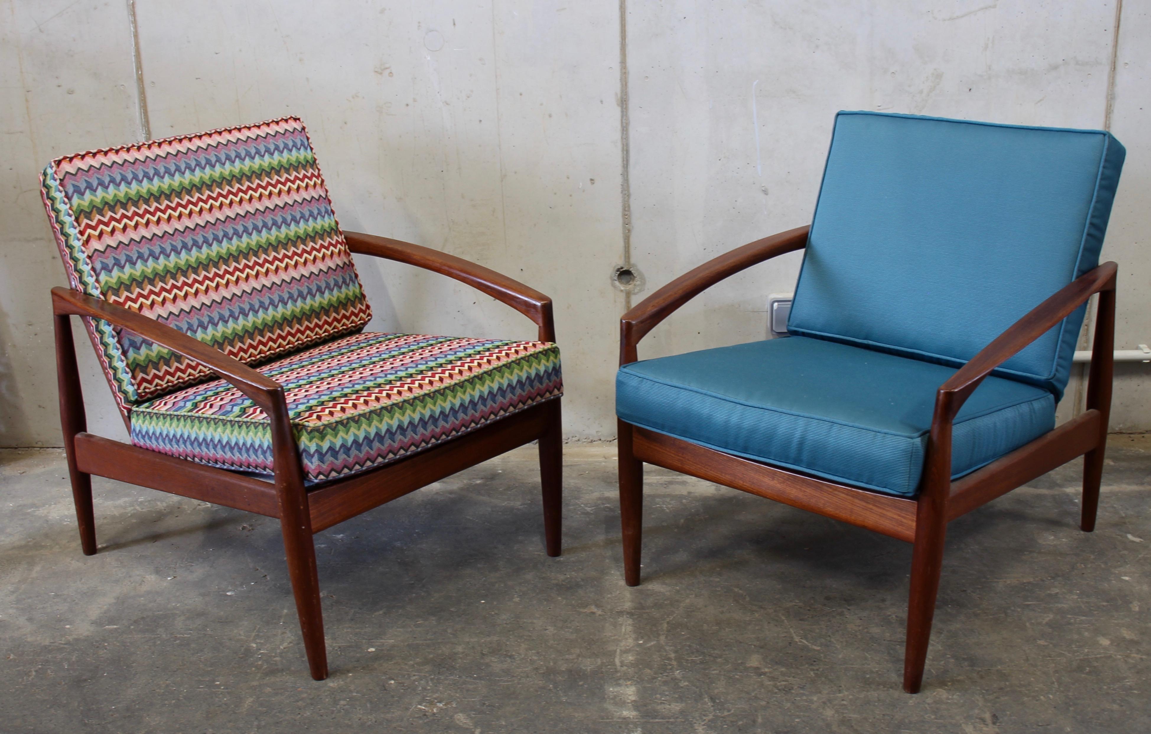 Danish Kai Kristiansen Paper-Knife Chair, Easy Chair Teak, with New Blue Fabric 10