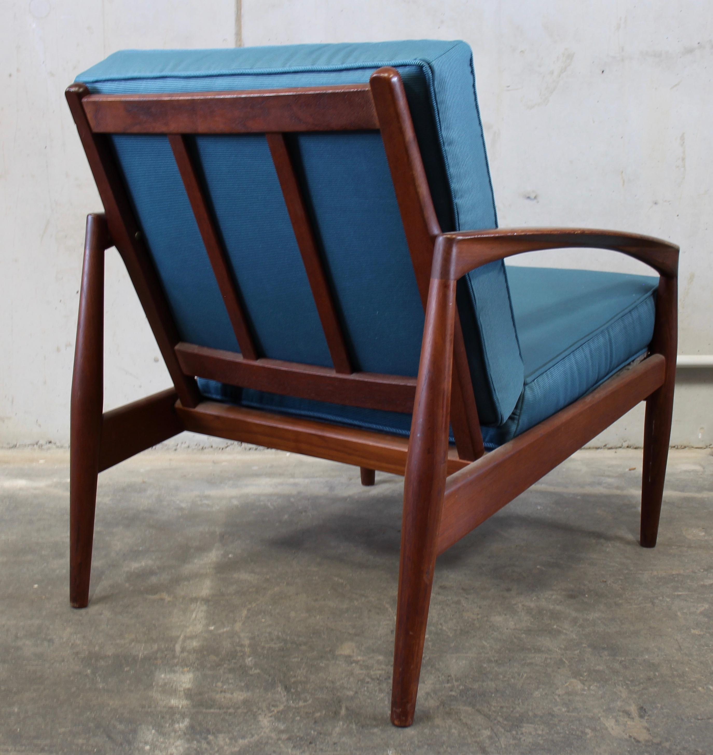 Danish Kai Kristiansen Paper-Knife Chair, Easy Chair Teak, with New Blue Fabric 12