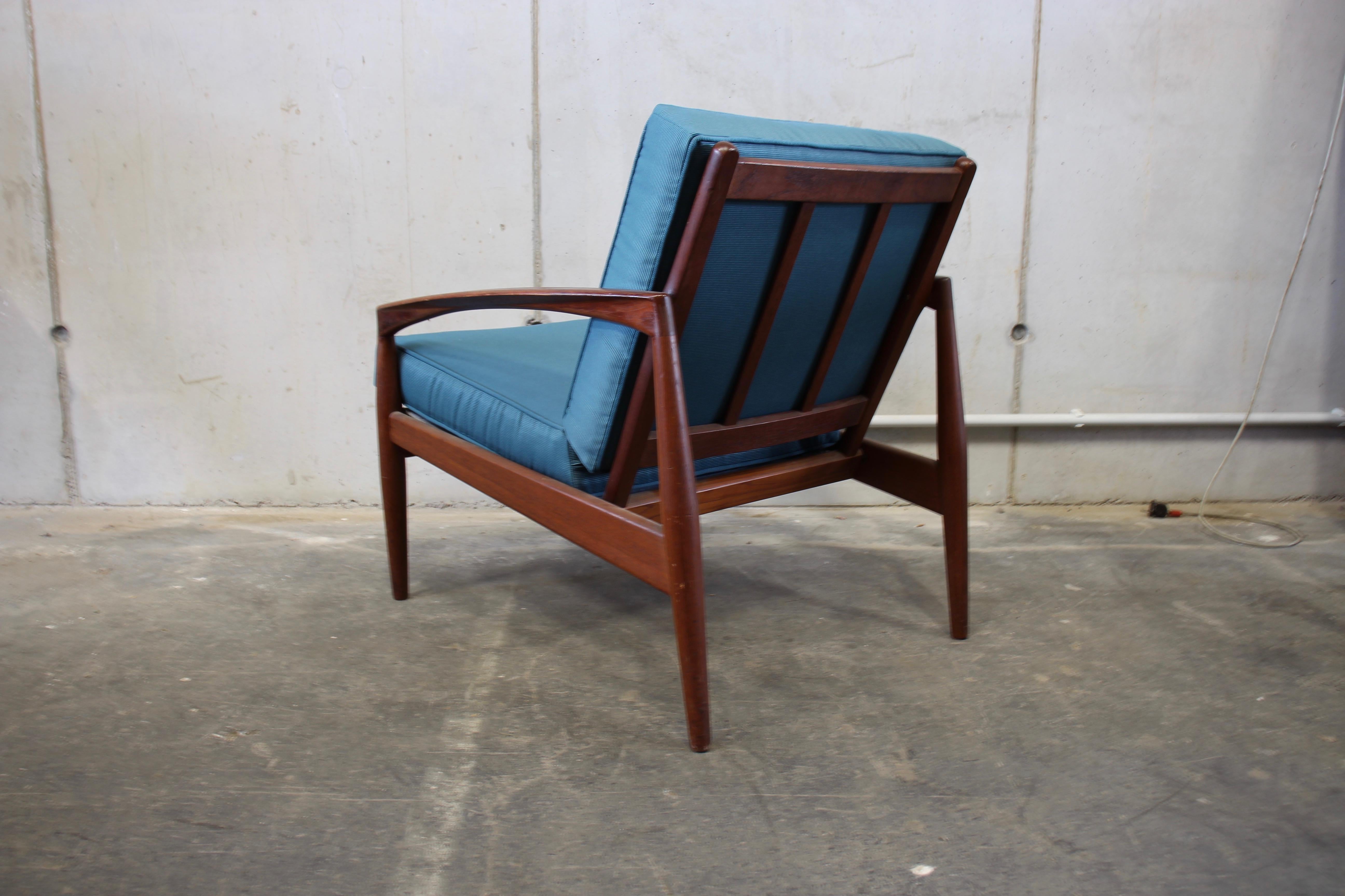 Danish Kai Kristiansen Paper-Knife Chair, Easy Chair Teak, with New Blue Fabric 13