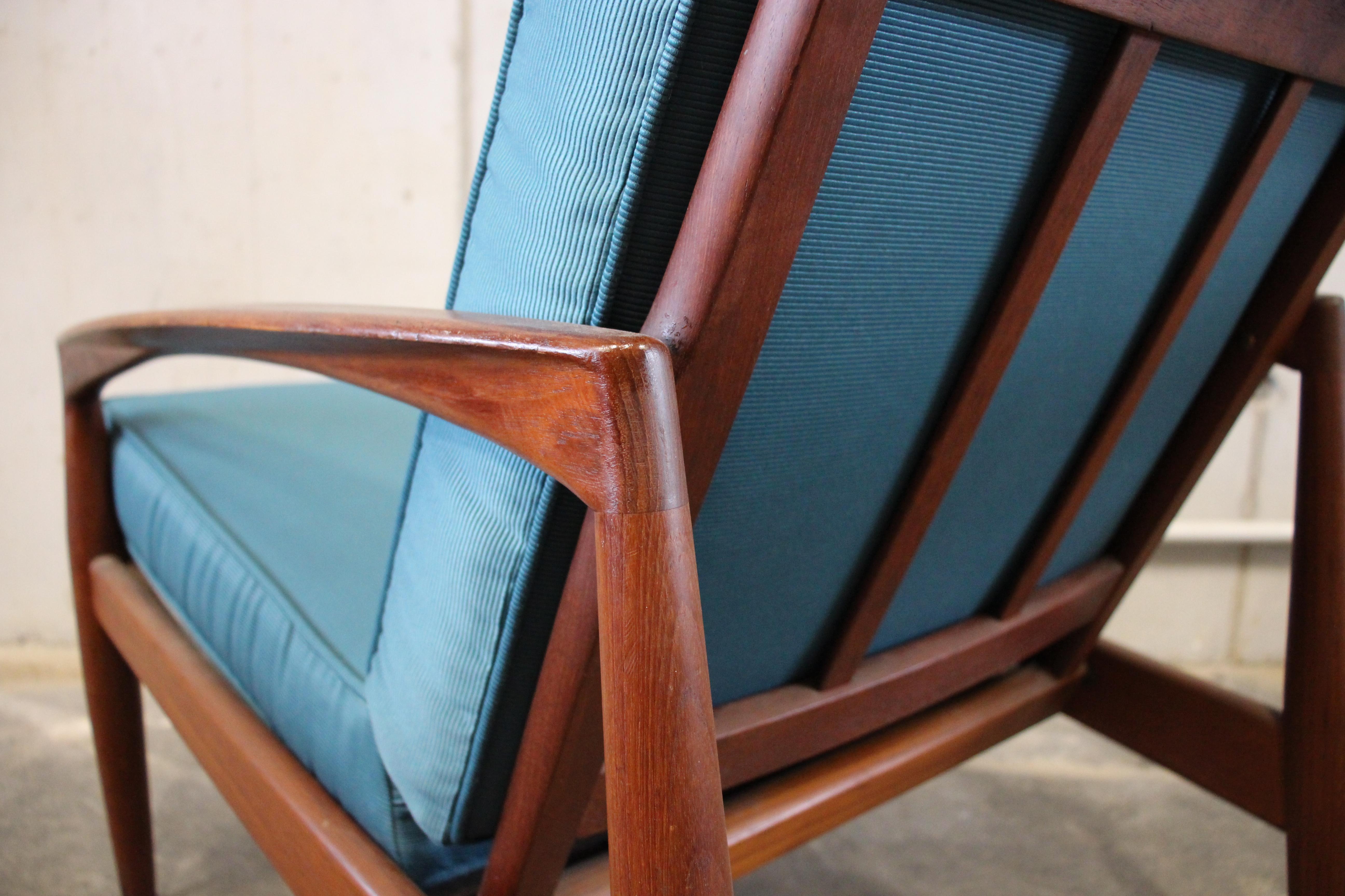 Danish Kai Kristiansen Paper-Knife Chair, Easy Chair Teak, with New Blue Fabric 16