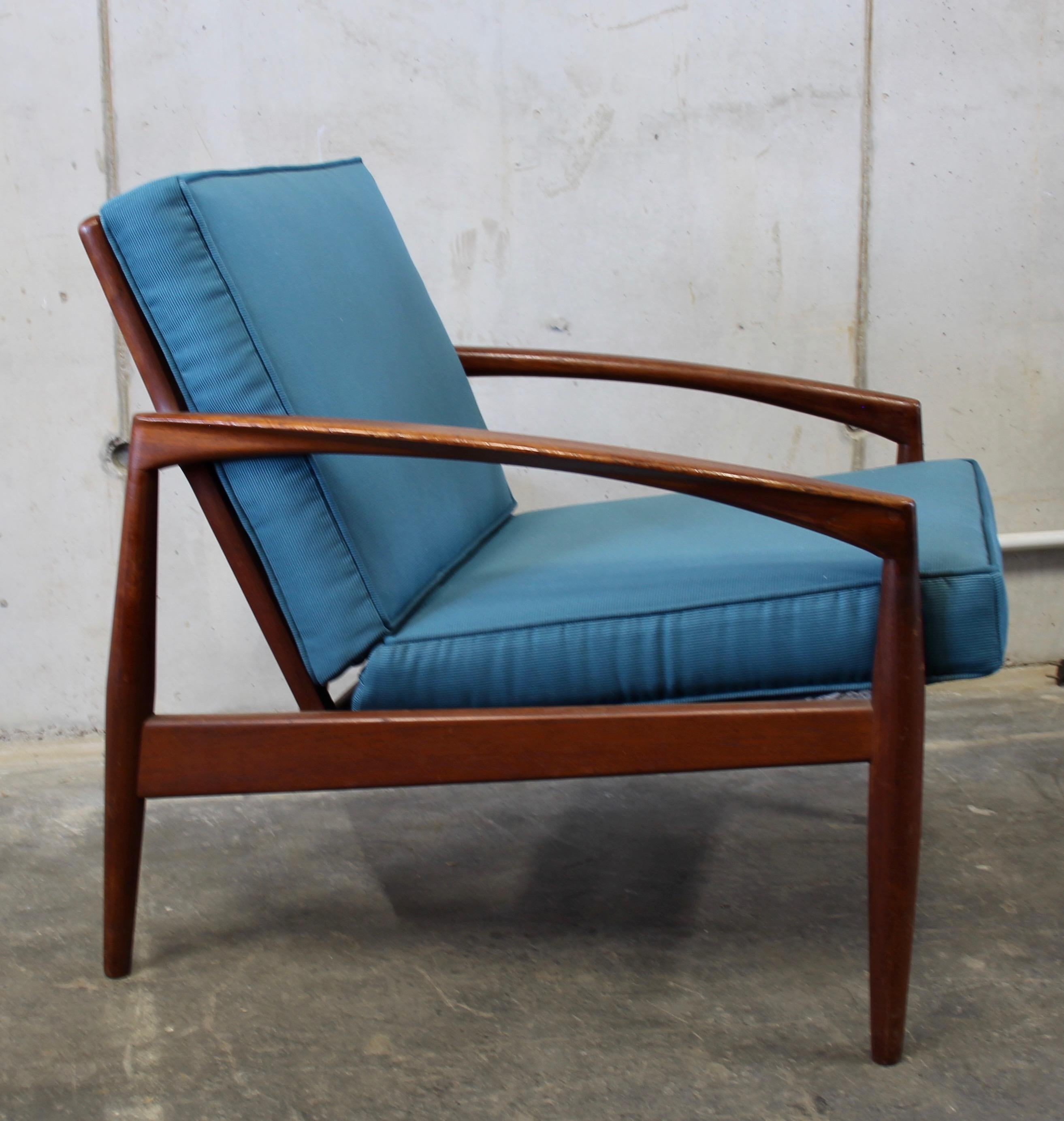Mid-Century Modern Danish Kai Kristiansen Paper-Knife Chair, Easy Chair Teak, with New Blue Fabric