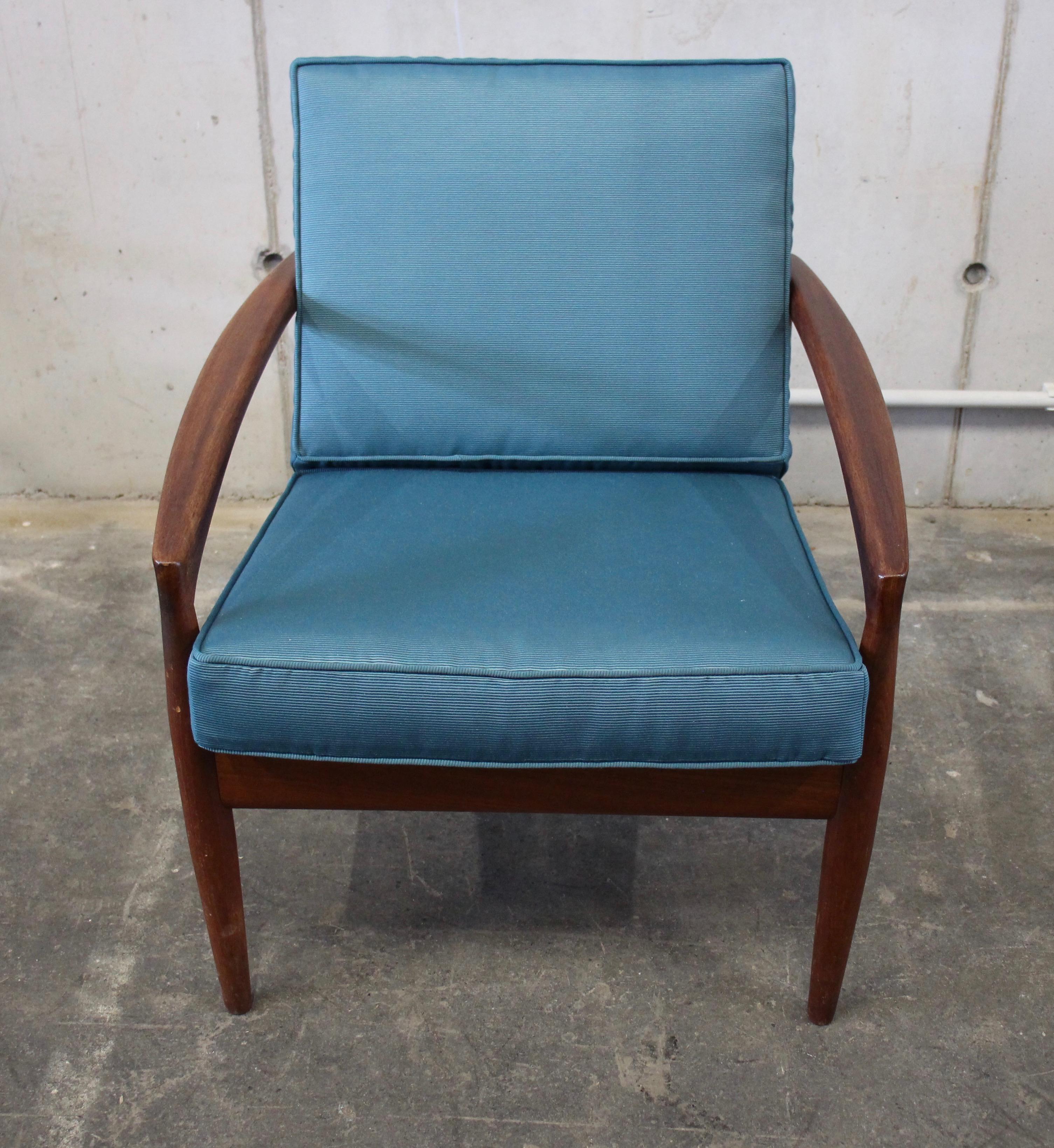 Danish Kai Kristiansen Paper-Knife Chair, Easy Chair Teak, with New Blue Fabric 1