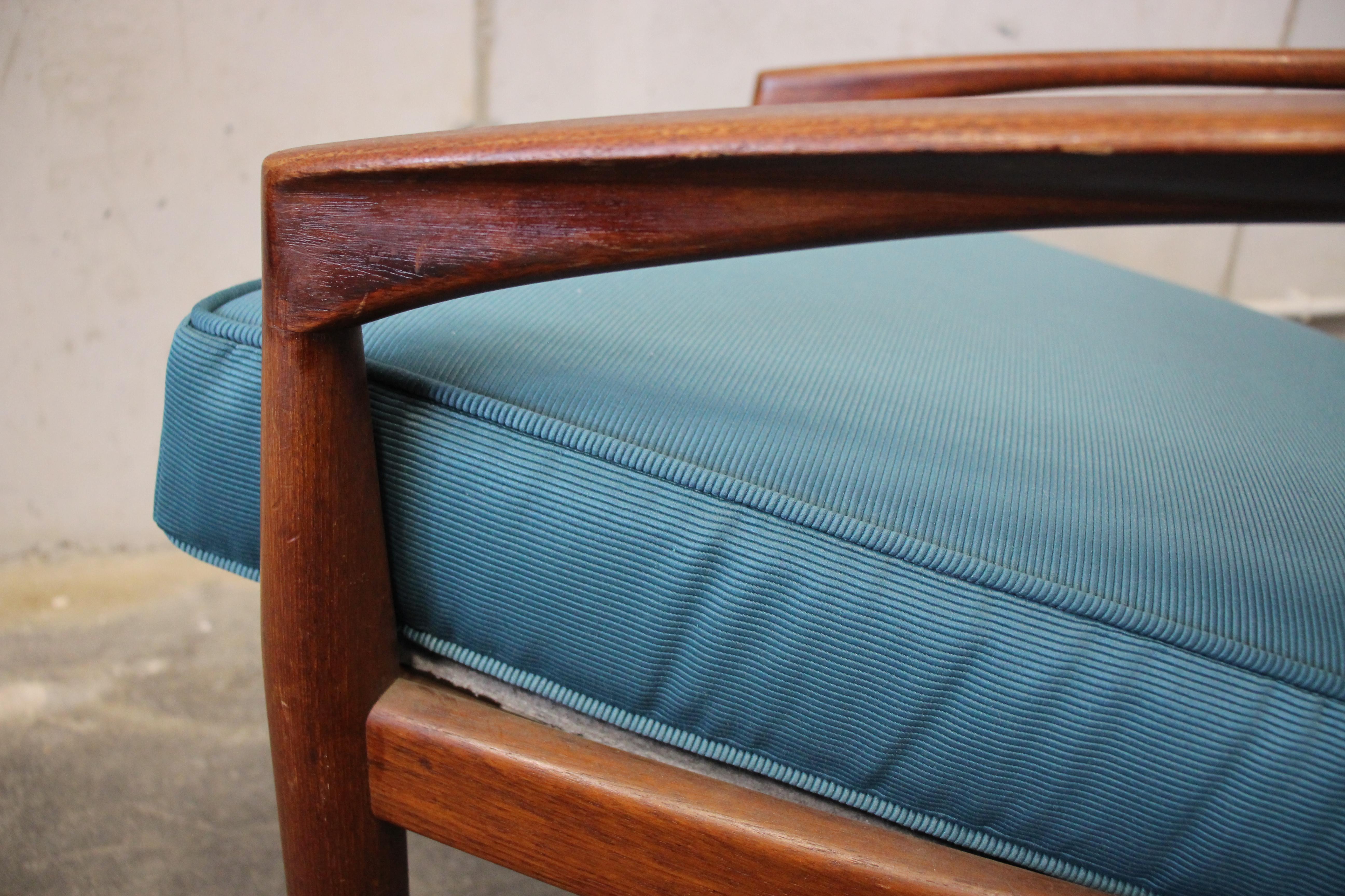 Danish Kai Kristiansen Paper-Knife Chair, Easy Chair Teak, with New Blue Fabric 3