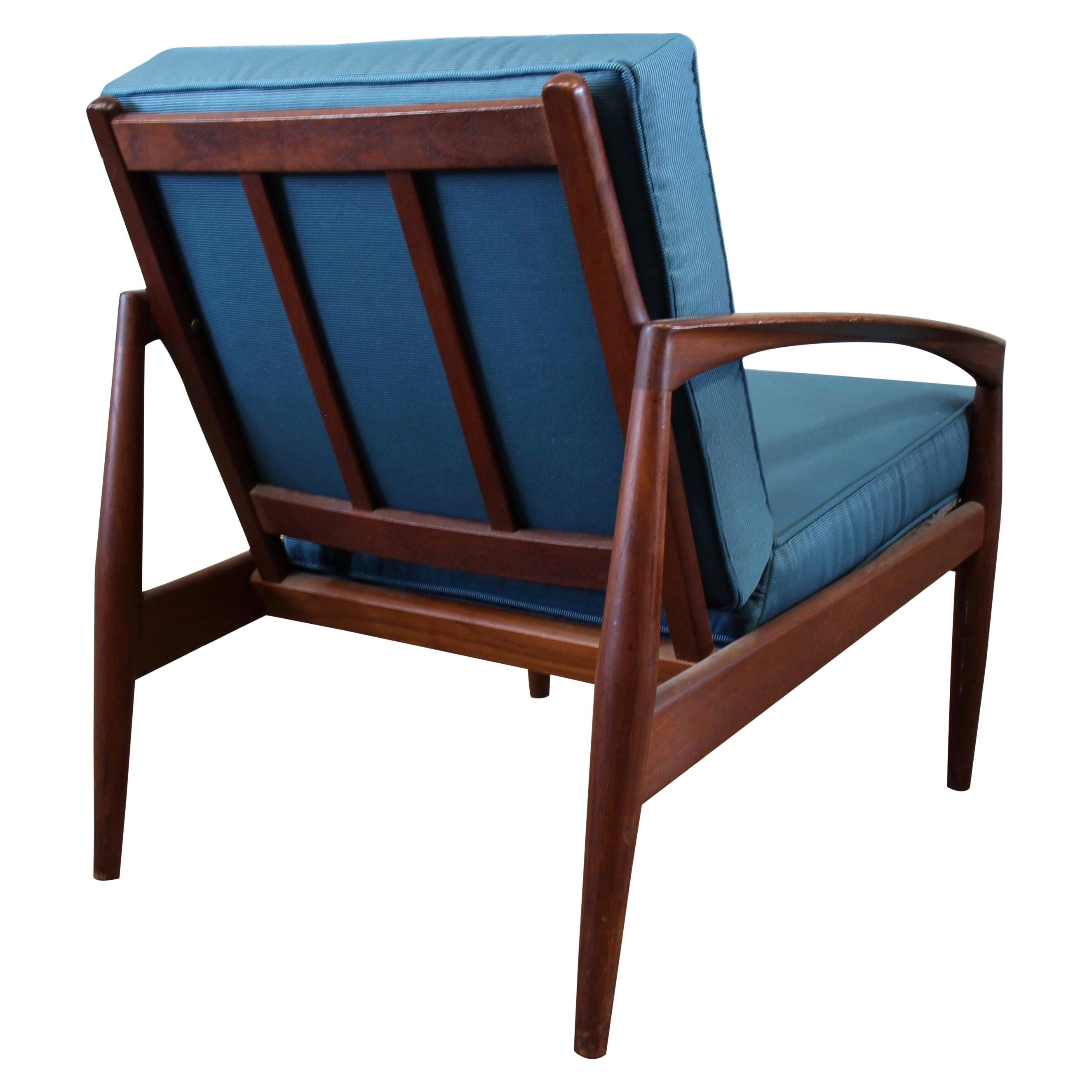 Danish Kai Kristiansen Paper-Knife Chair, Easy Chair Teak, with New Blue Fabric