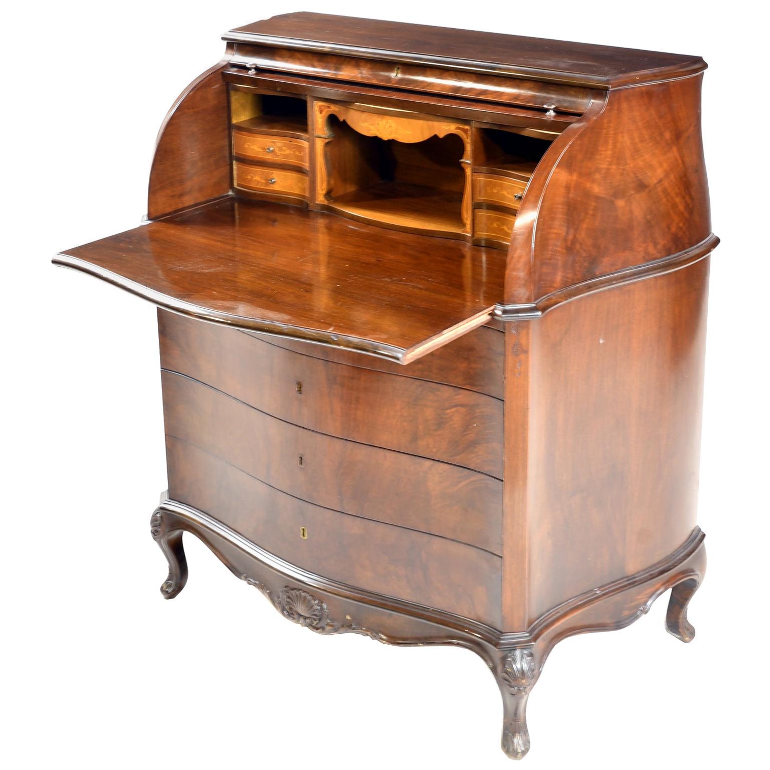 Lady's Writing Desk/ Secretary in Mahogany w/ Cylinder Top over Chest of Drawers