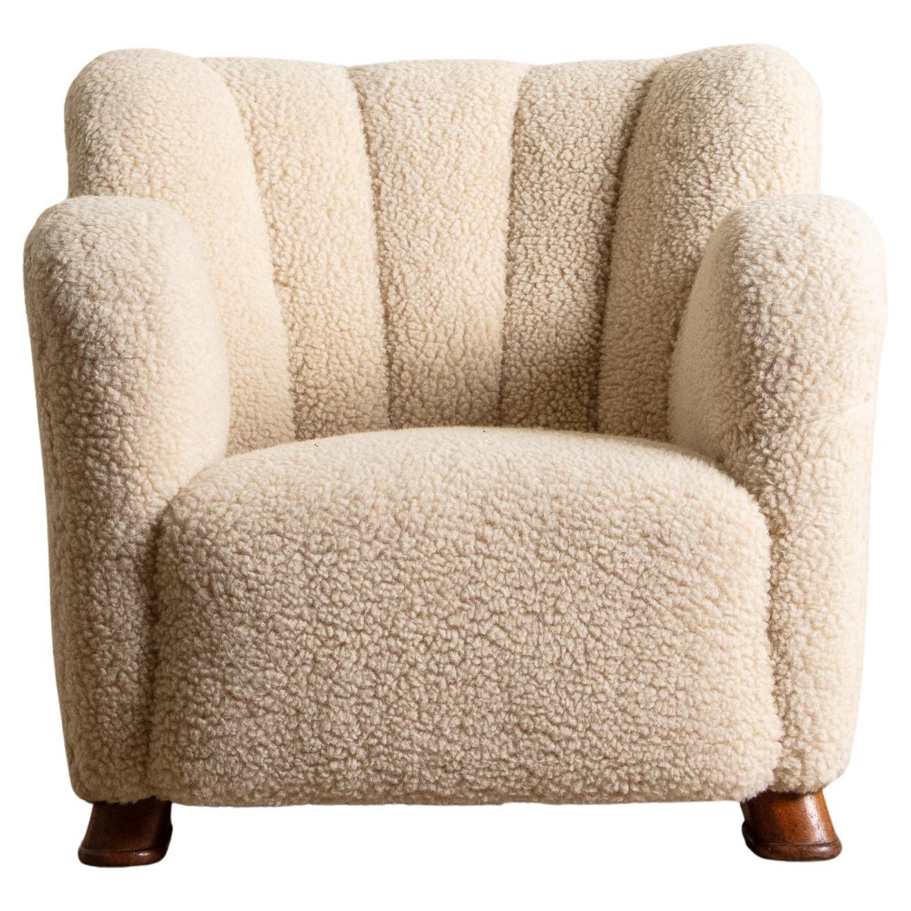 Danish Lambs Wool Easy Chair Manner of Flemming Lassen, Denmark, 1930's For Sale