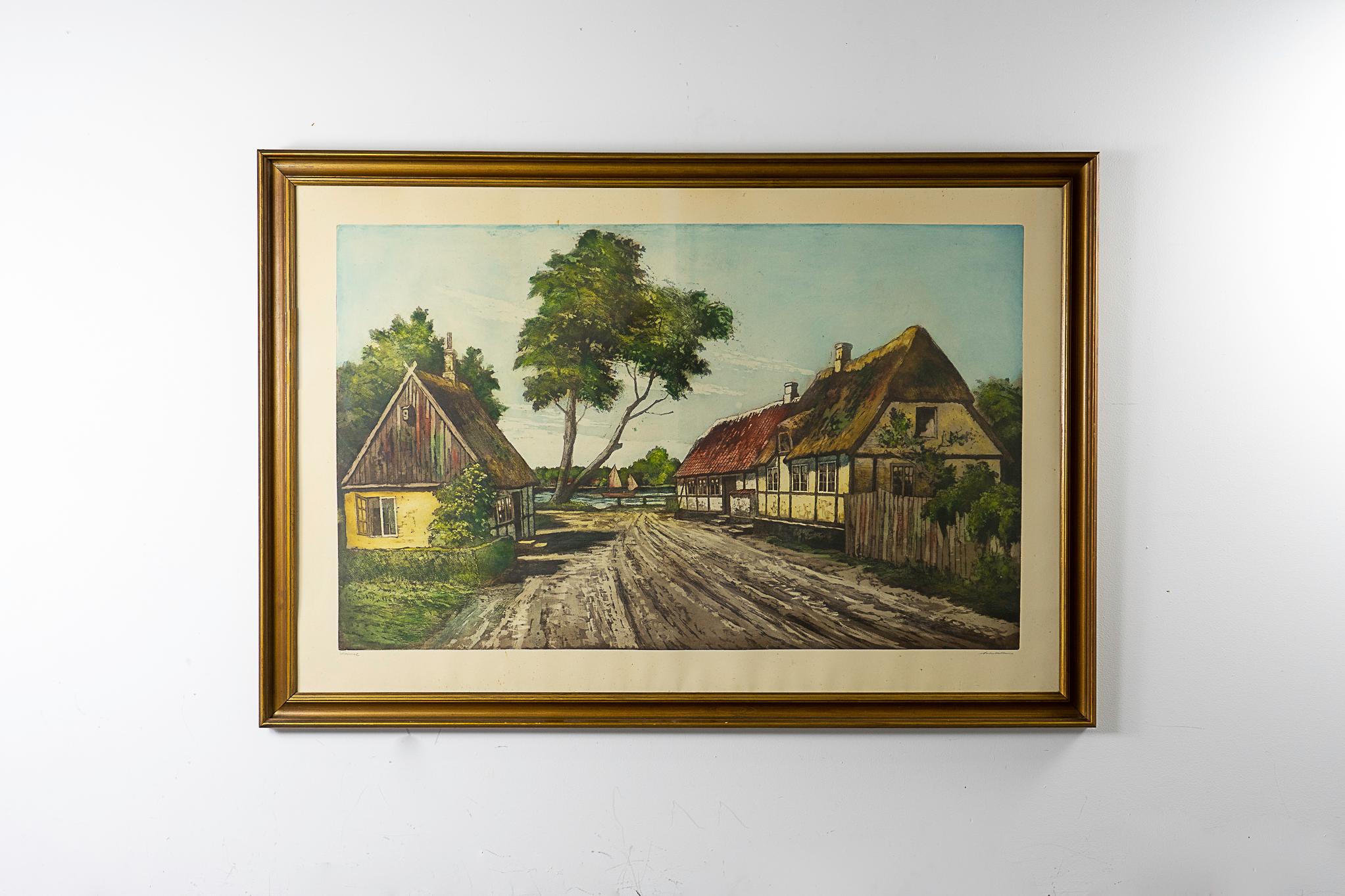 Danish lithograph print in gilded frame, circa 1950's. A beautiful LARGE scale picturesque village river scene, signed by the artist. A stunning Scandinavian vignette!

Please inquire for remote and international shipping rates.
