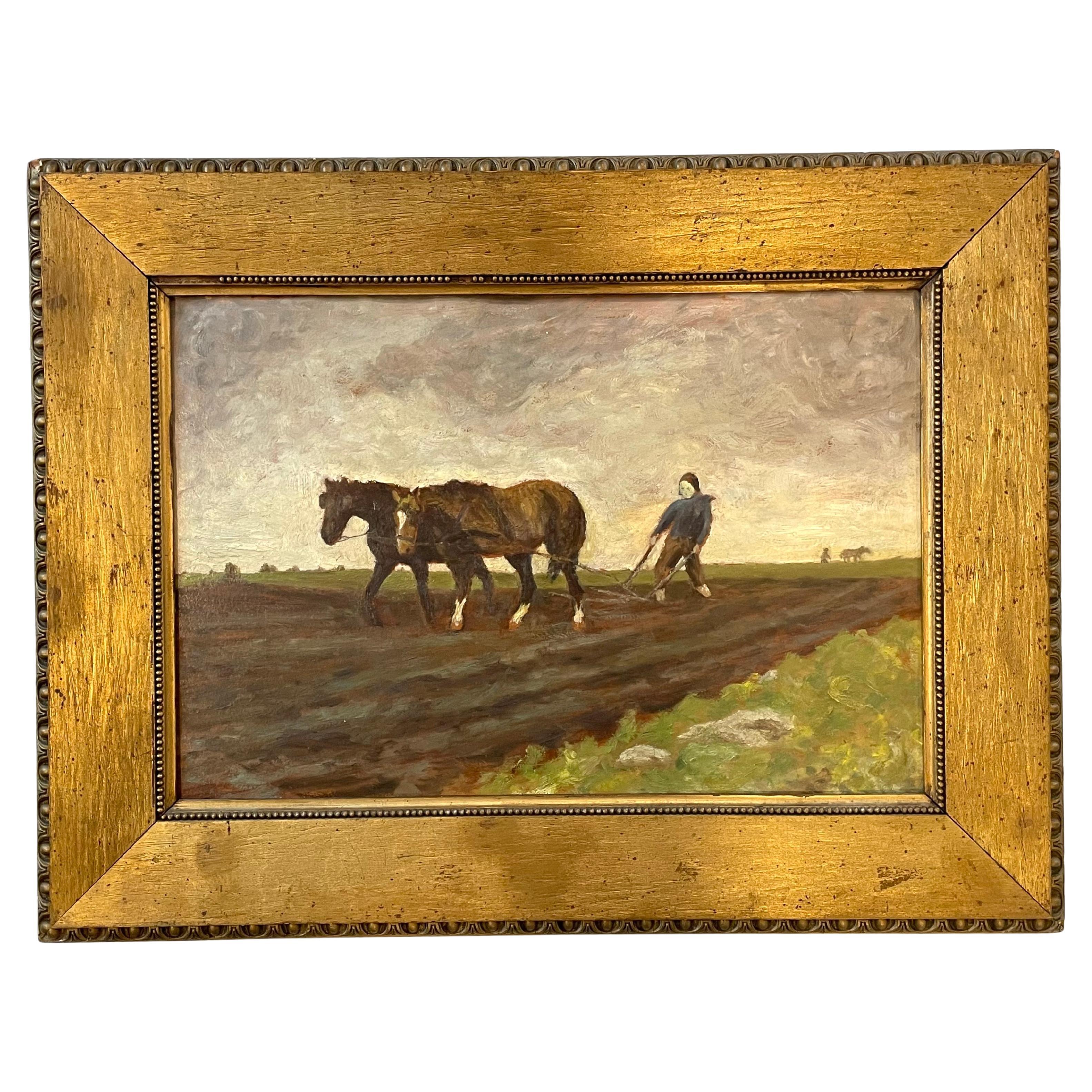Quadro paesaggistico danese con uomo e cavalli da aratura del 1945 in vendita
