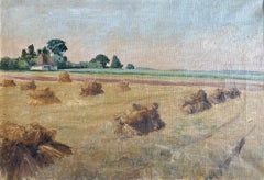 Danish Landscape Painting with Haystacks, Early 20th Century