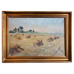 Danish Landscape Painting with Haystacks, Early 20th Century