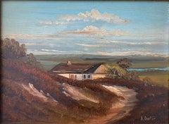 Danish Landscape with Farmhouse by K. Møller – Oil on Panel in Original Gilt Fra