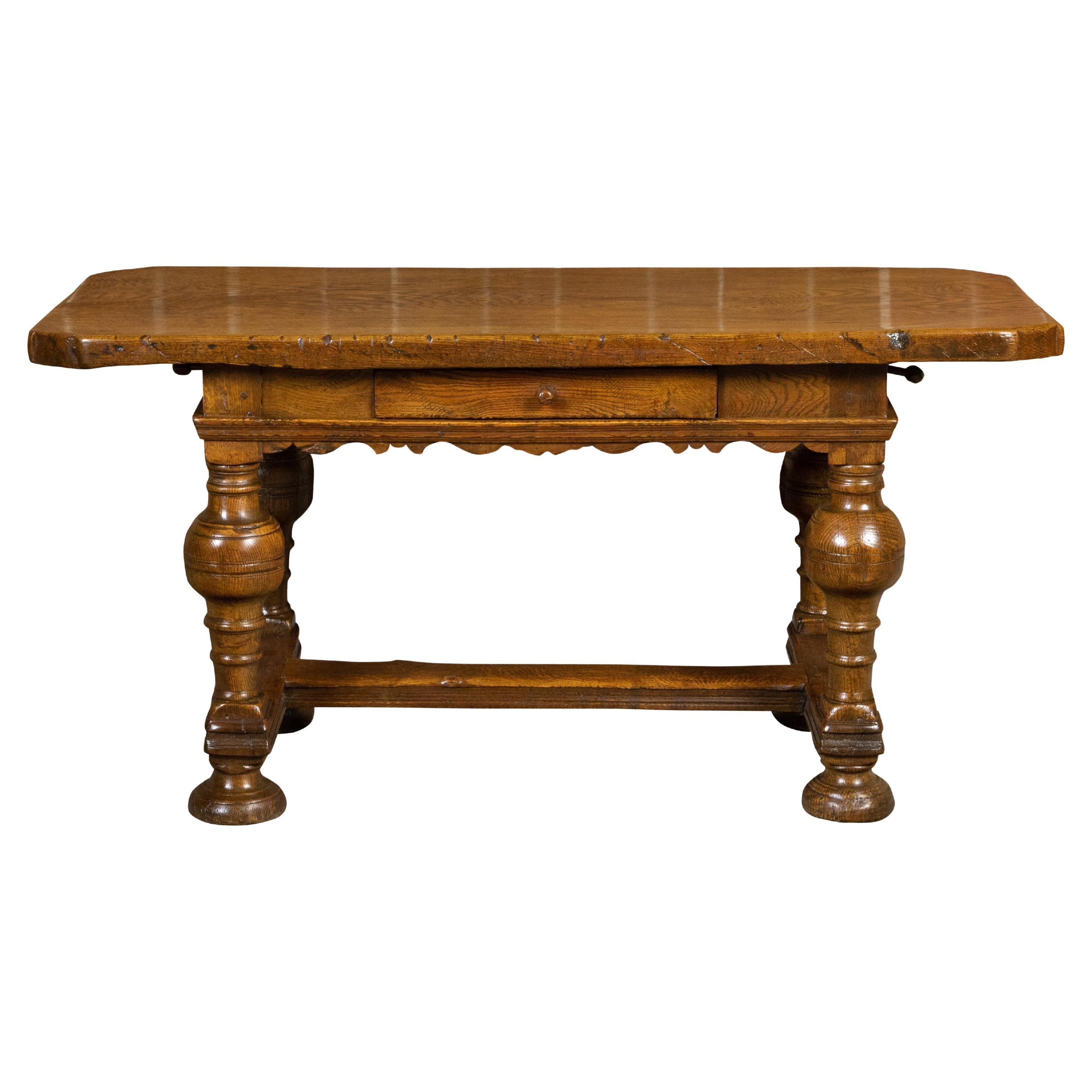 Danish Langeland Late 19th Century Oak Table with Carved Apron and Turned Legs