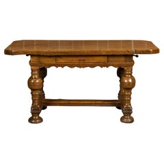 Danish Langeland Late 19th Century Oak Table with Carved Apron and Turned Legs