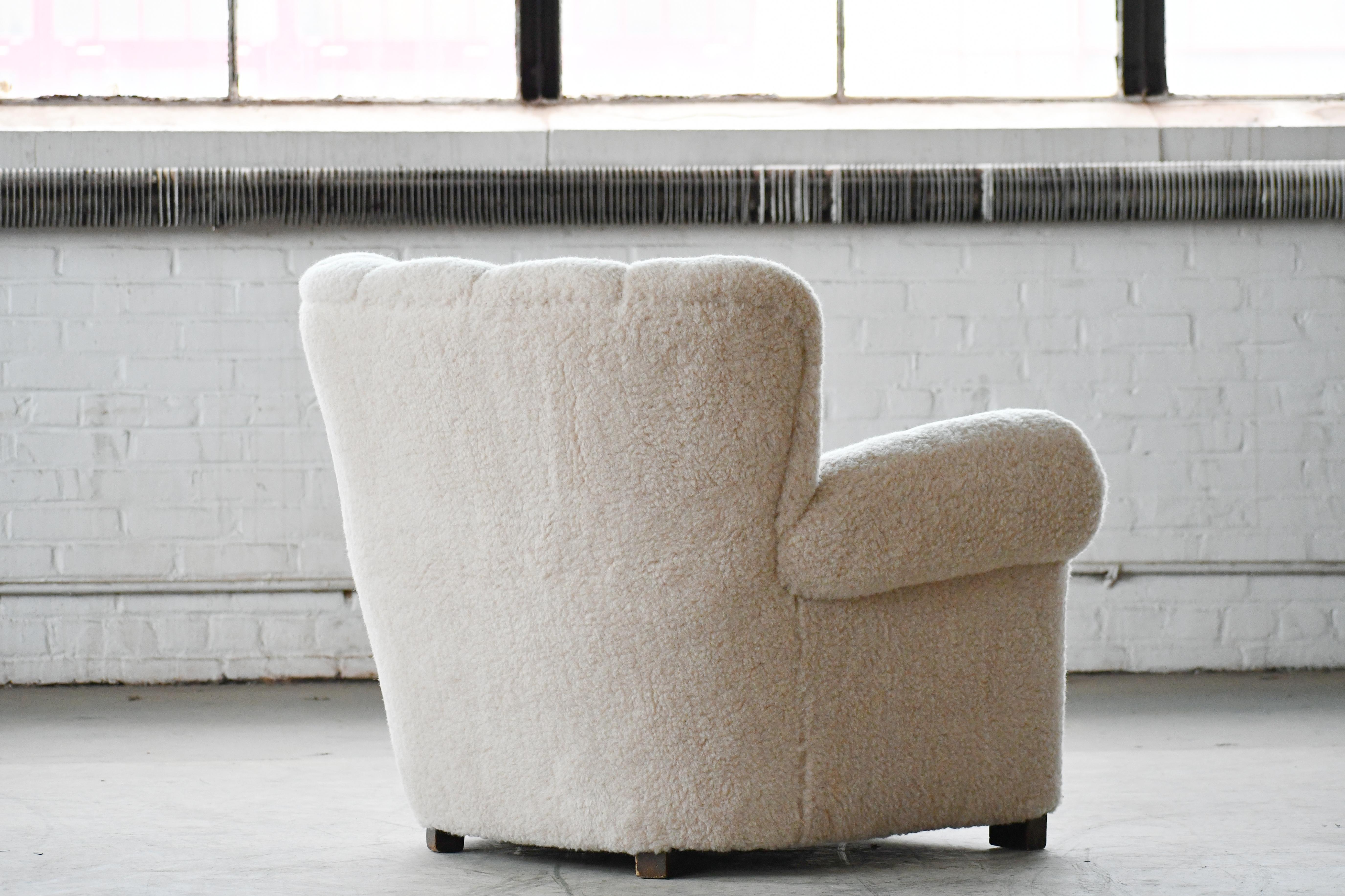 Mid-20th Century Danish Large Size Club Chair in Beige Lambswool, 1940s