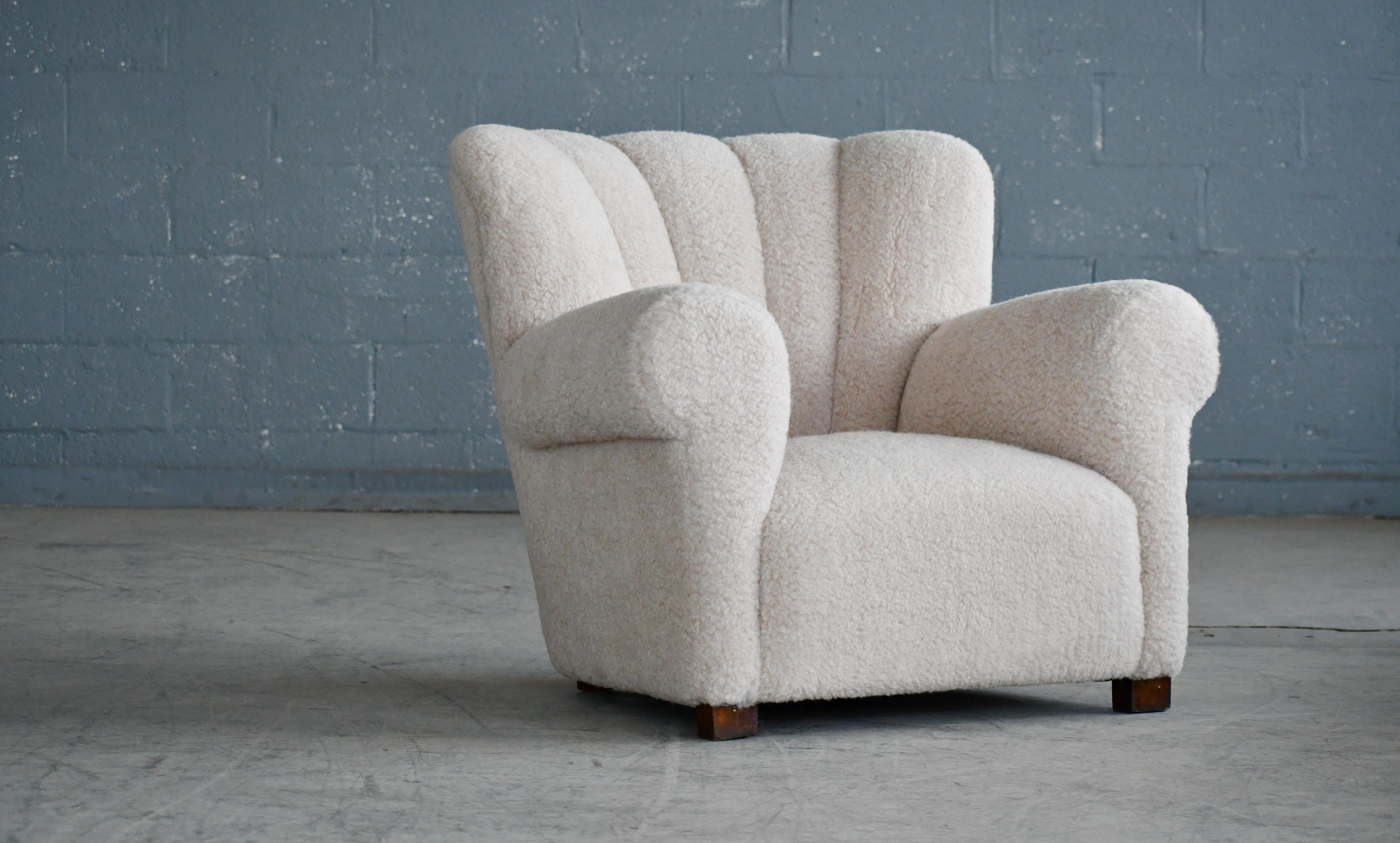 Danish Large Size Club Chair in Beige Lambswool, 1940s 1