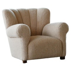 Danish Large Size Club Chair in Beige Lambswool, 1940s