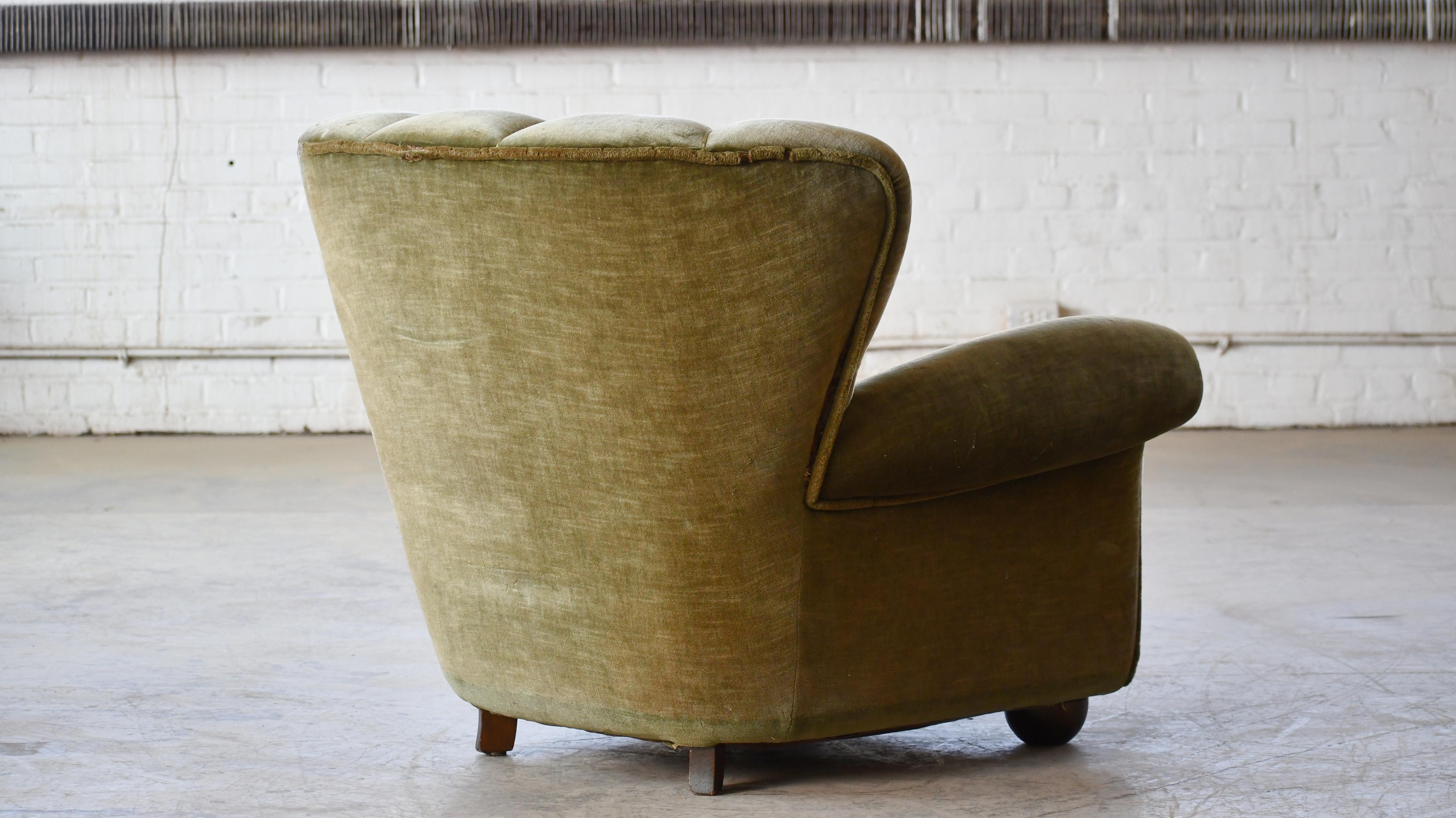 Danish Large Size Club Chair in Original mohair with Channeled Backrest, 1940's For Sale 5