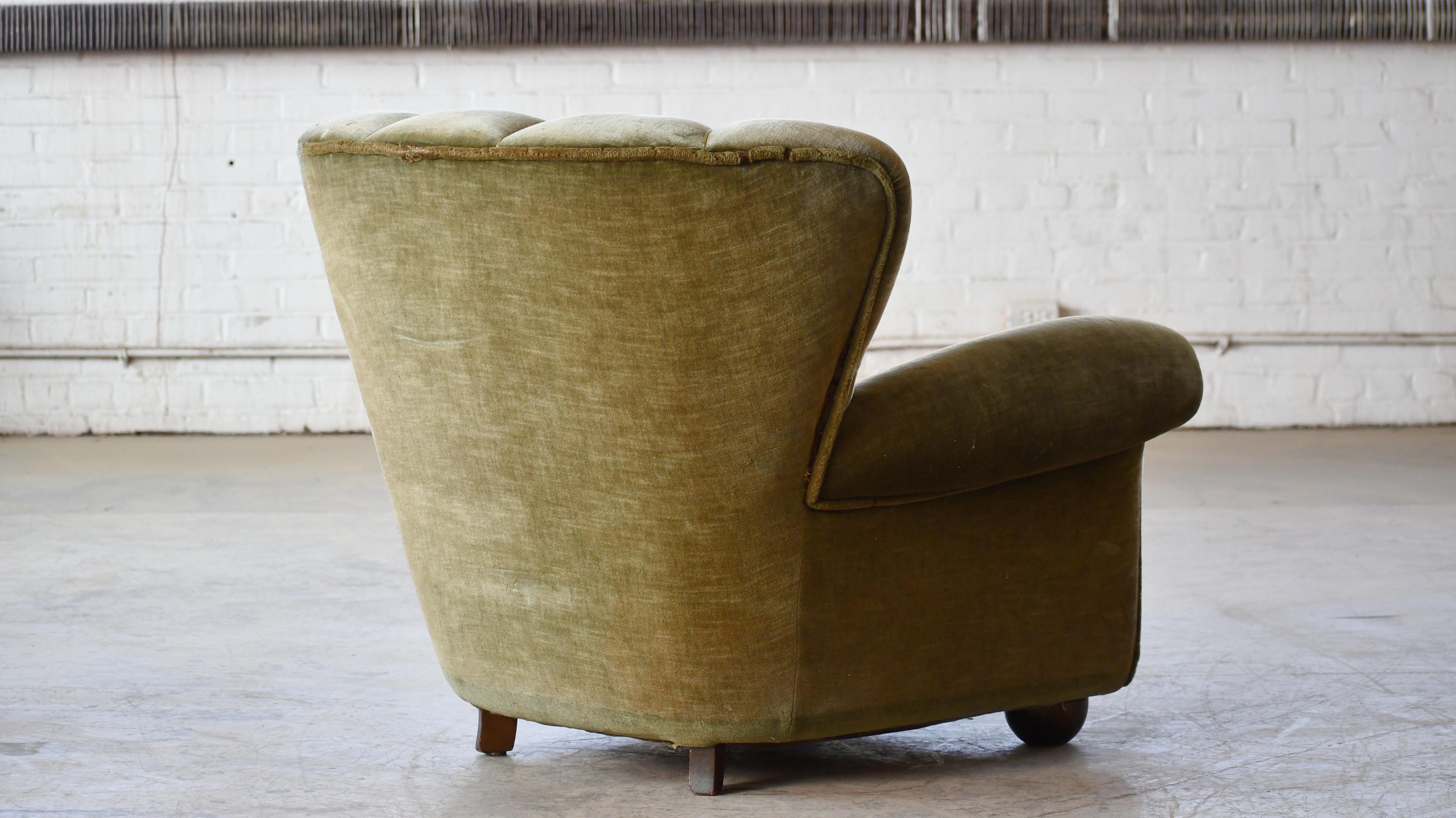 Danish Large Size Club Chair in Original mohair with Channeled Backrest, 1940's 5
