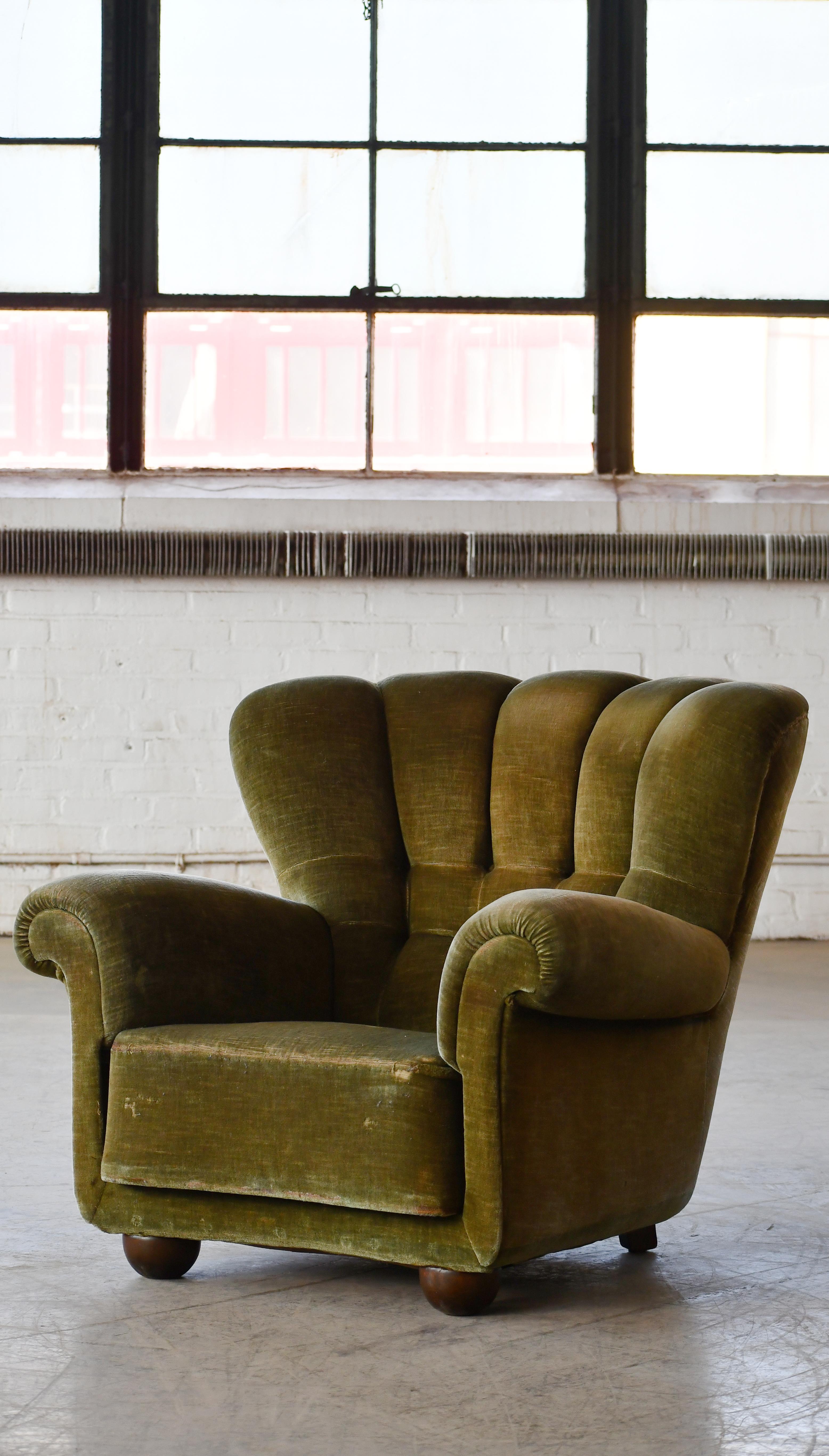 Mid-Century Modern Danish Large Size Club Chair in Original mohair with Channeled Backrest, 1940's For Sale