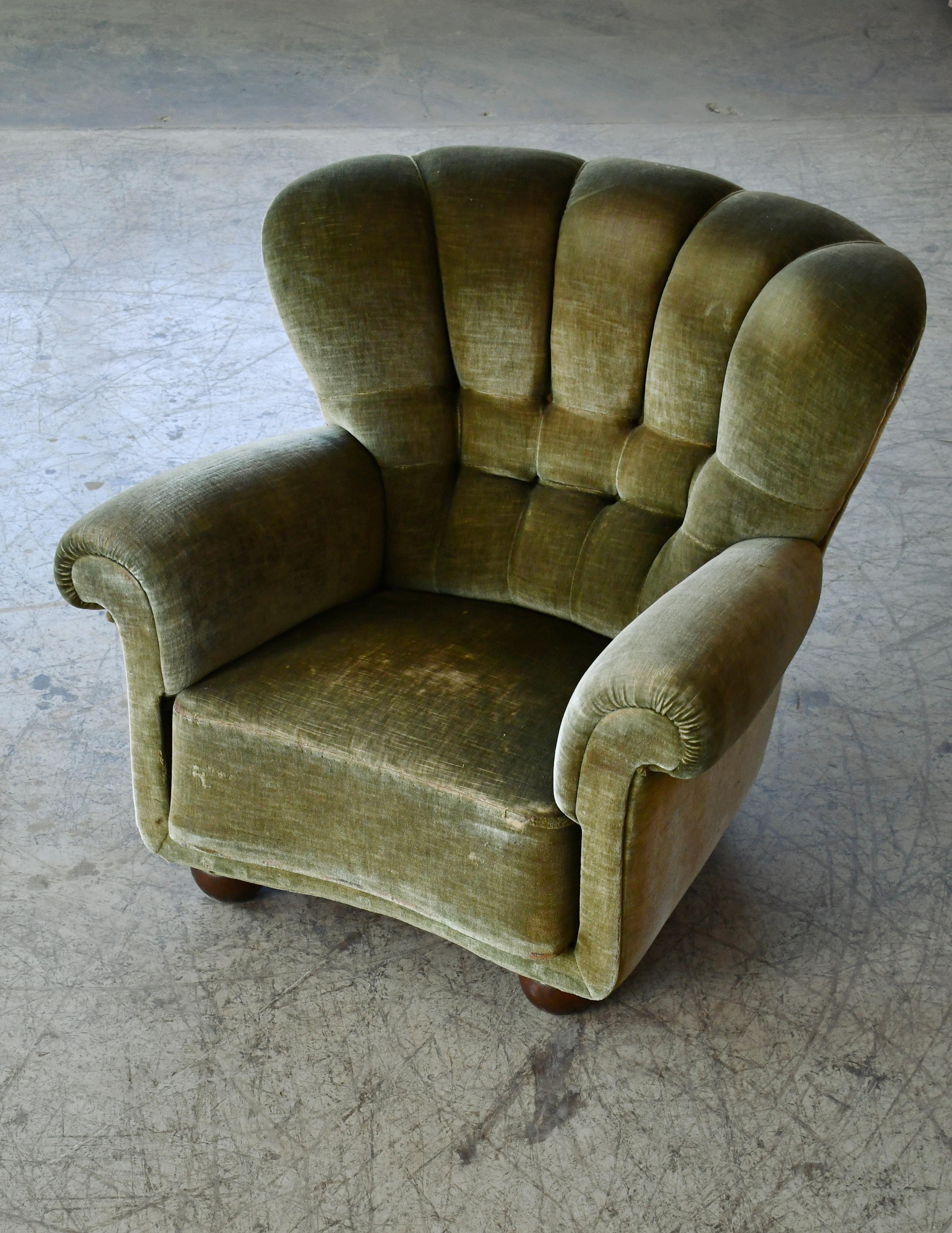Beech Danish Large Size Club Chair in Original mohair with Channeled Backrest, 1940's For Sale