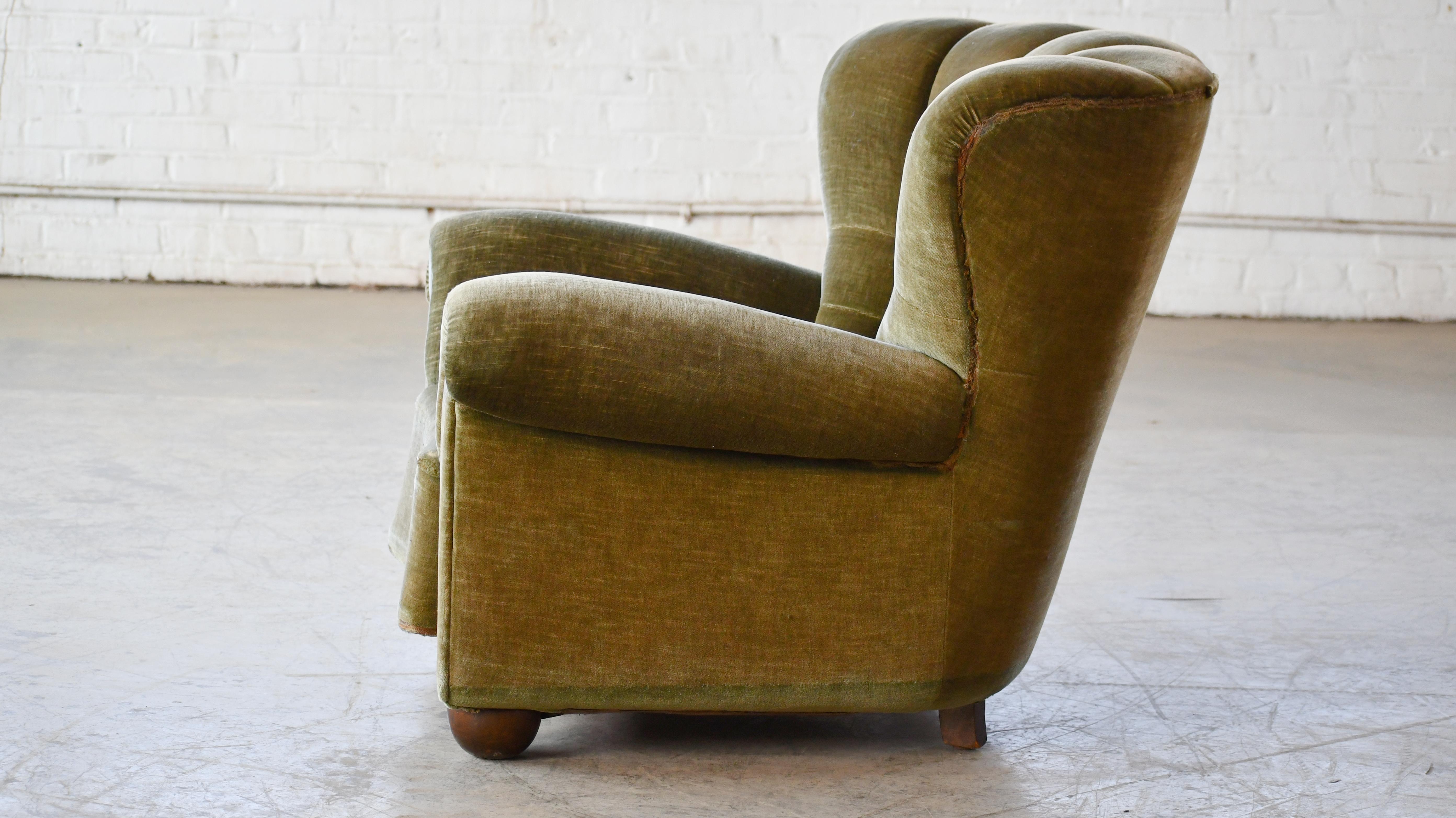 Danish Large Size Club Chair in Original mohair with Channeled Backrest, 1940's 2