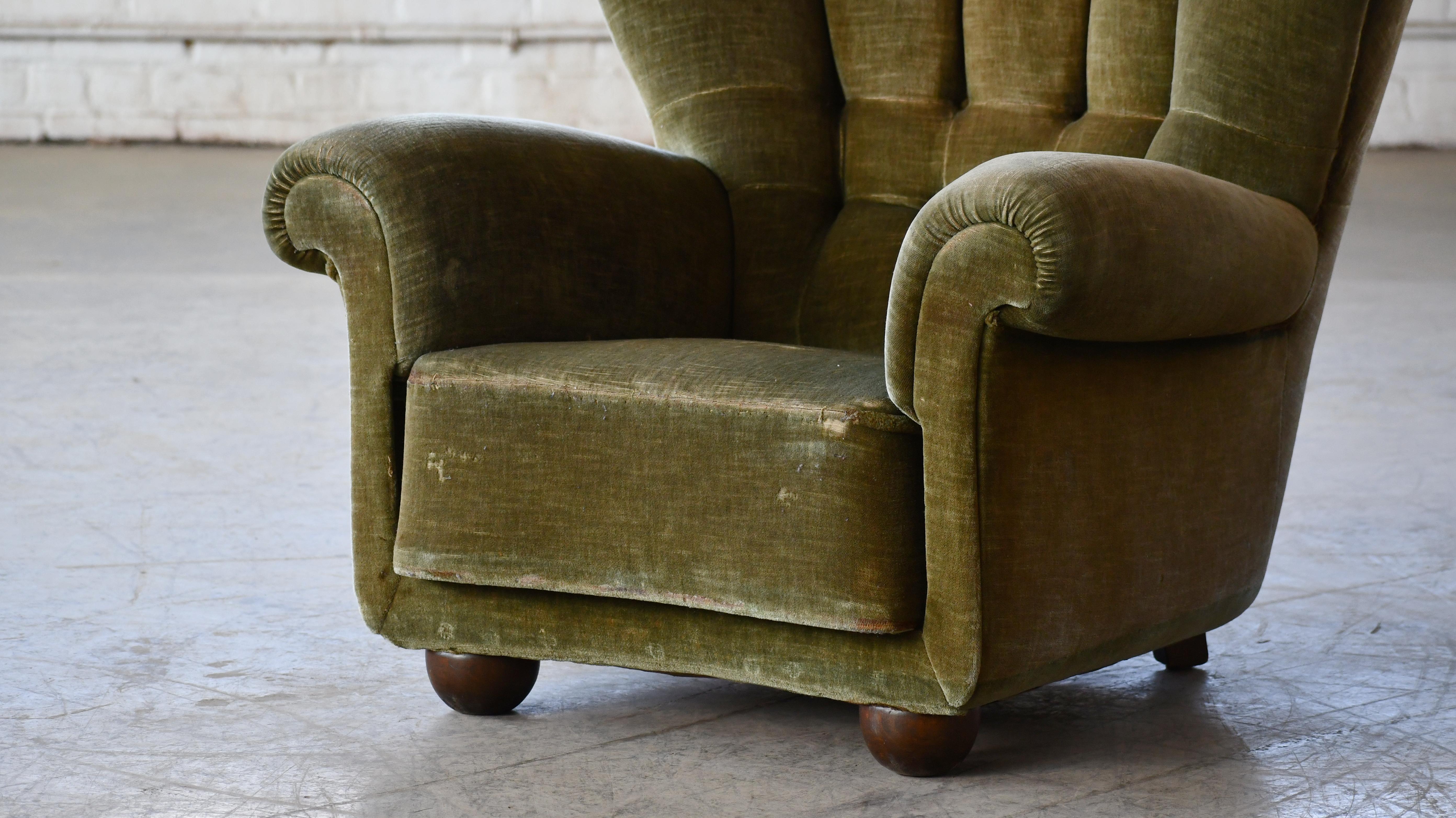 Danish Large Size Club Chair in Original mohair with Channeled Backrest, 1940's For Sale 3