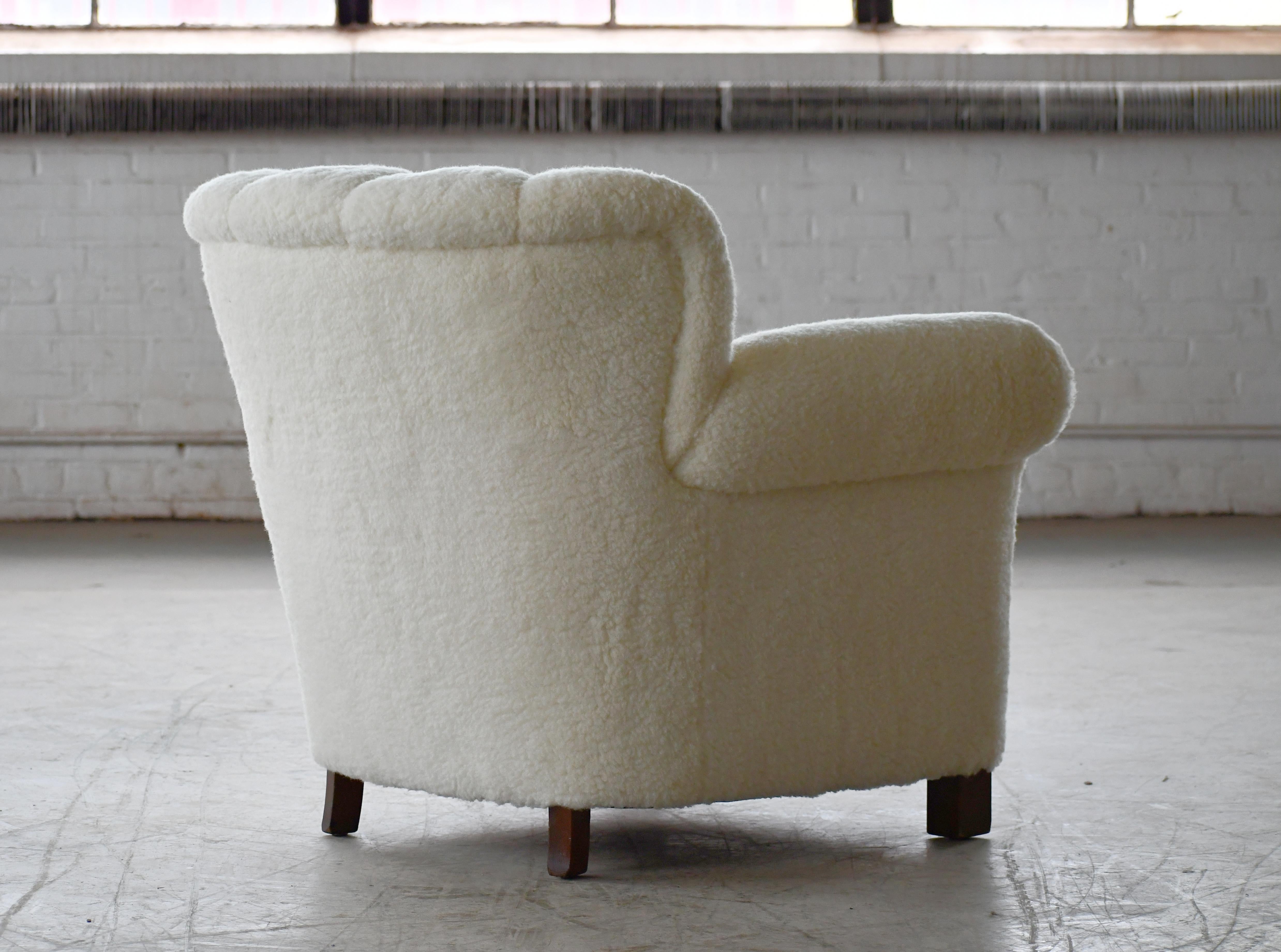 Wool Danish Large Size Club Chair Newly Refurbished in Ivory Lambswool, 1940s