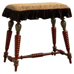 Antique Danish Late 19th century Stool with carved painted legs and embroidered seat.