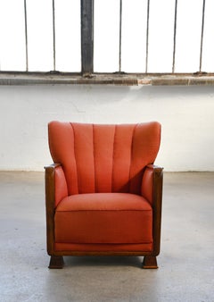 Danish Late Art Deco Lounge Chair with Oak Armrests and Red Wool, 1940's