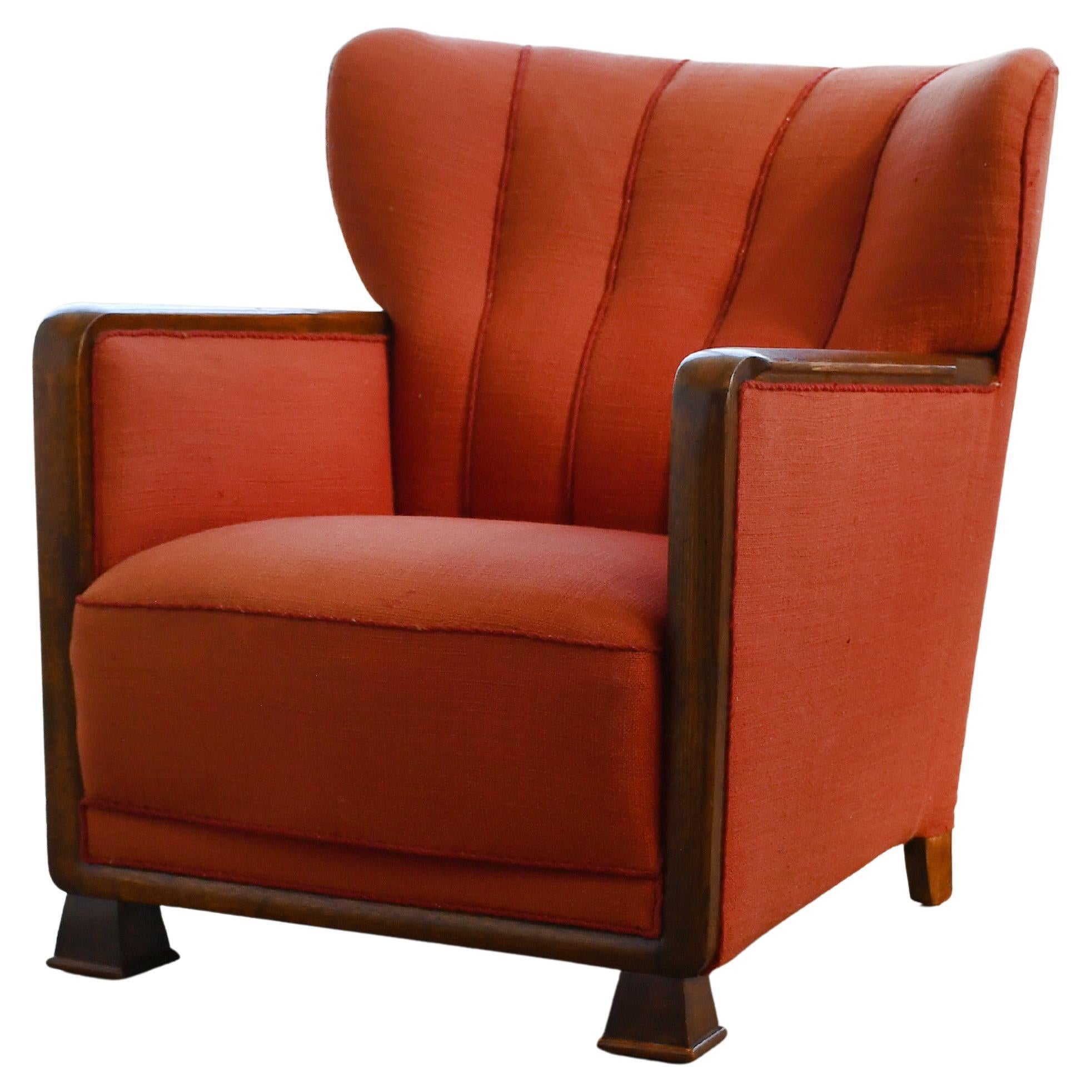 Danish Late Art Deco Lounge Chair with Oak Armrests and Red Wool, 1940's For Sale
