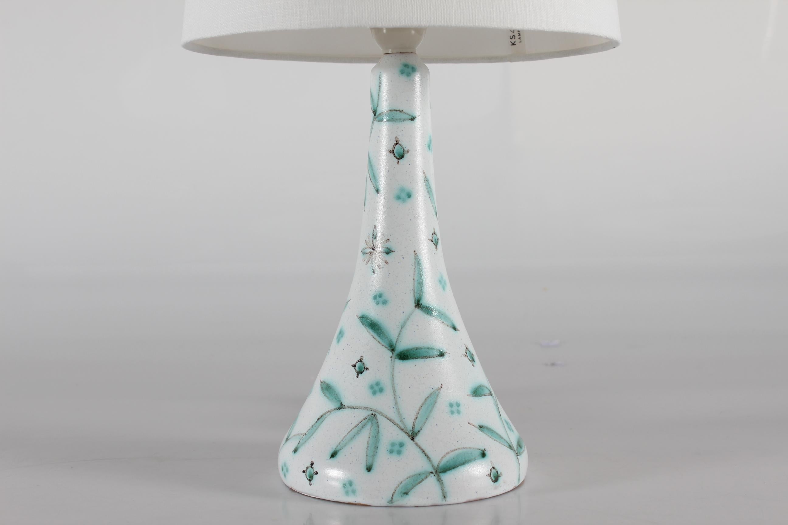 Mid-Century Modern Danish Laurine Table Lamp, Ceramic with Floral White and Green Decoration 1950s  For Sale