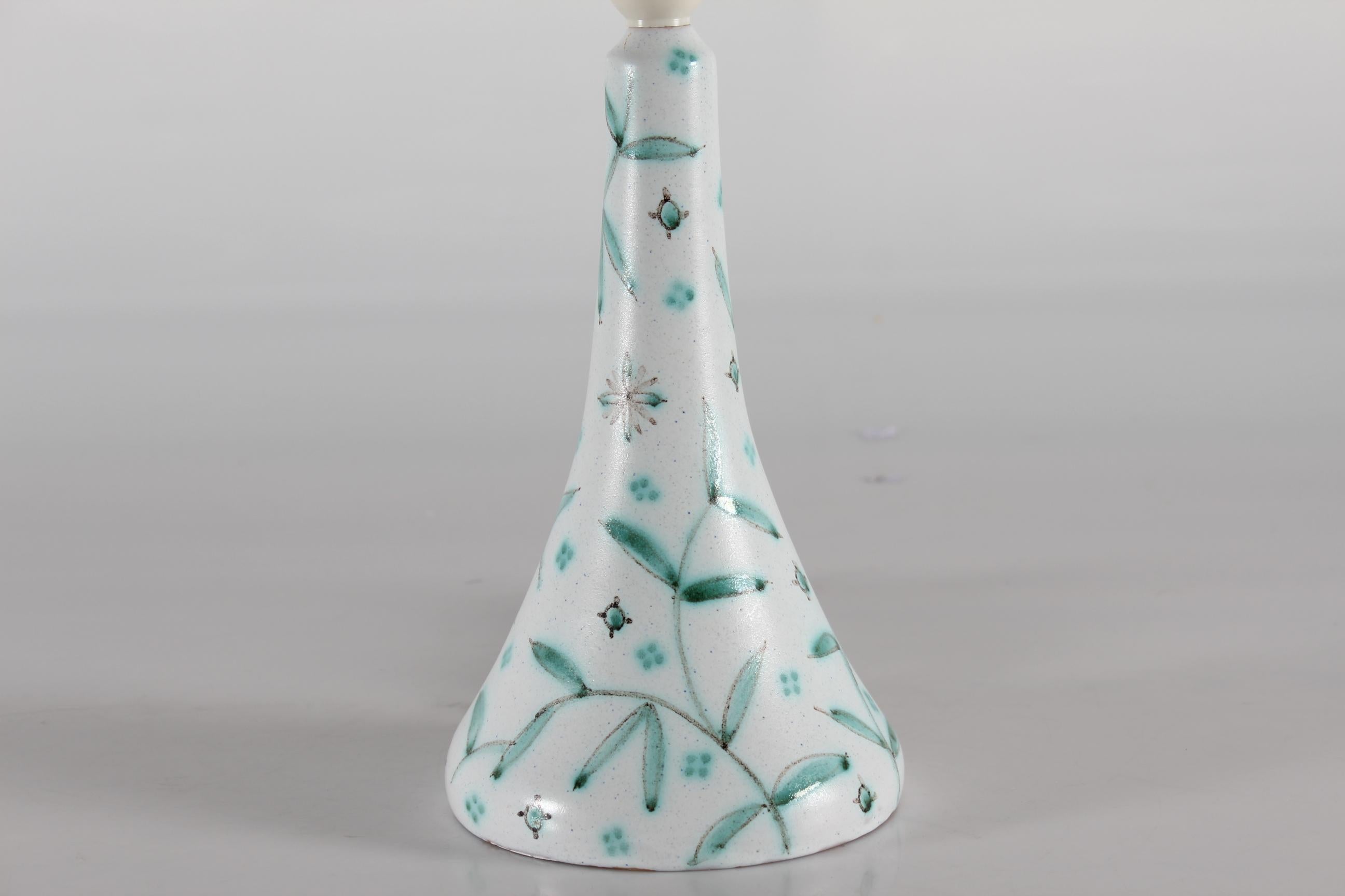 Glazed Danish Laurine Table Lamp, Ceramic with Floral White and Green Decoration 1950s  For Sale