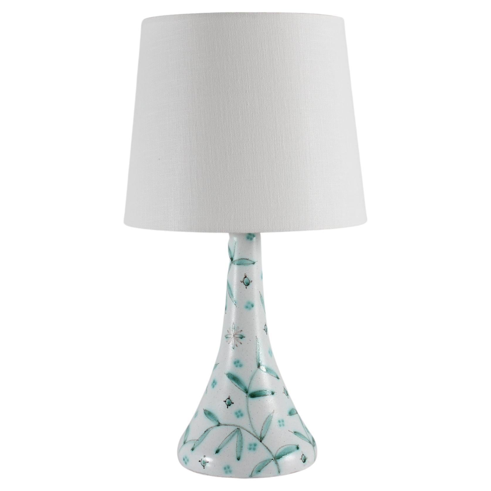 Danish Laurine Table Lamp, Ceramic with Floral White and Green Decoration 1950s  For Sale