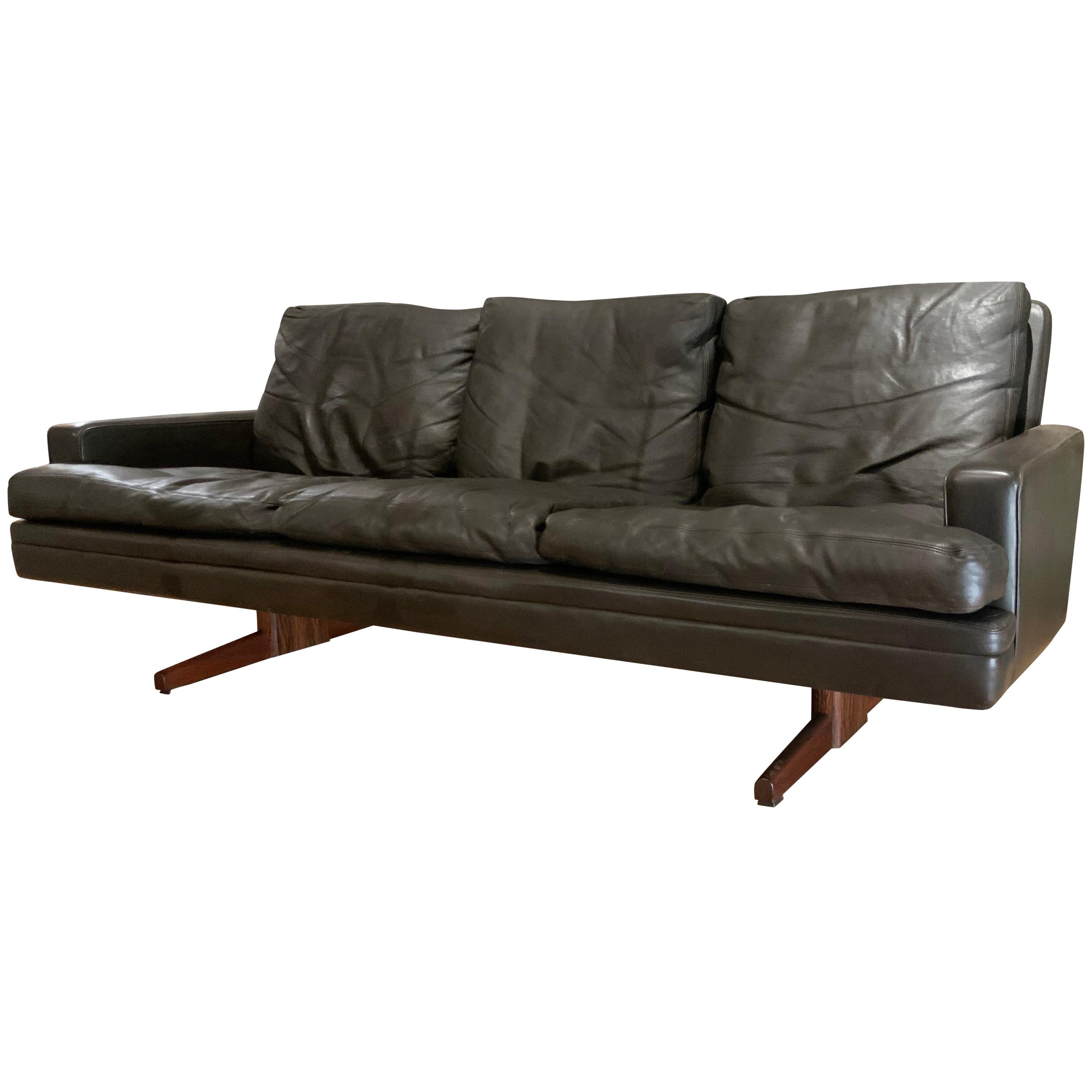 Danish Leather and Rosewood Sofa by Fredrik Kayser