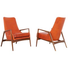 Danish Leather High Back Lounge Chairs by Ib Kofod Larsen