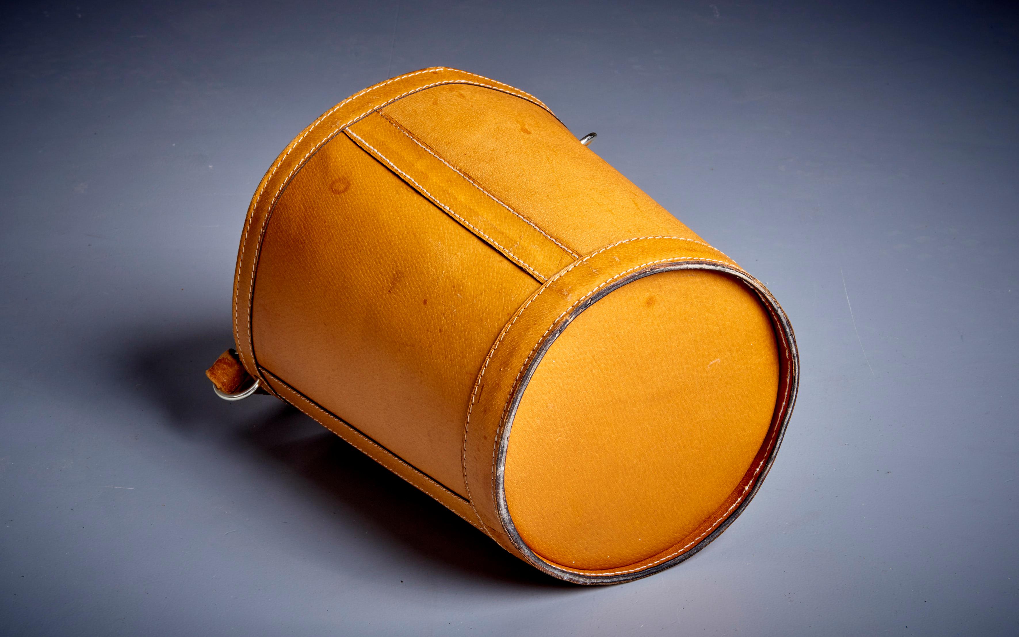 Mid-20th Century Danish Leather Paper Basket with Handle, 1960s For Sale