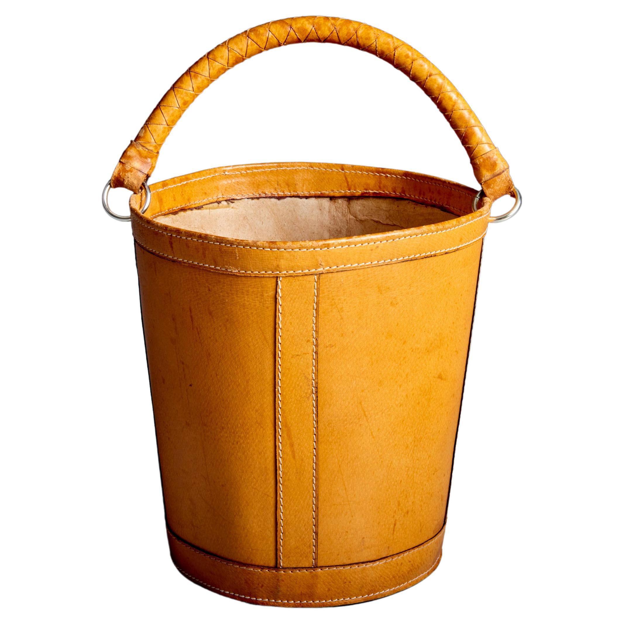 Danish Leather Paper Basket with Handle, 1960s