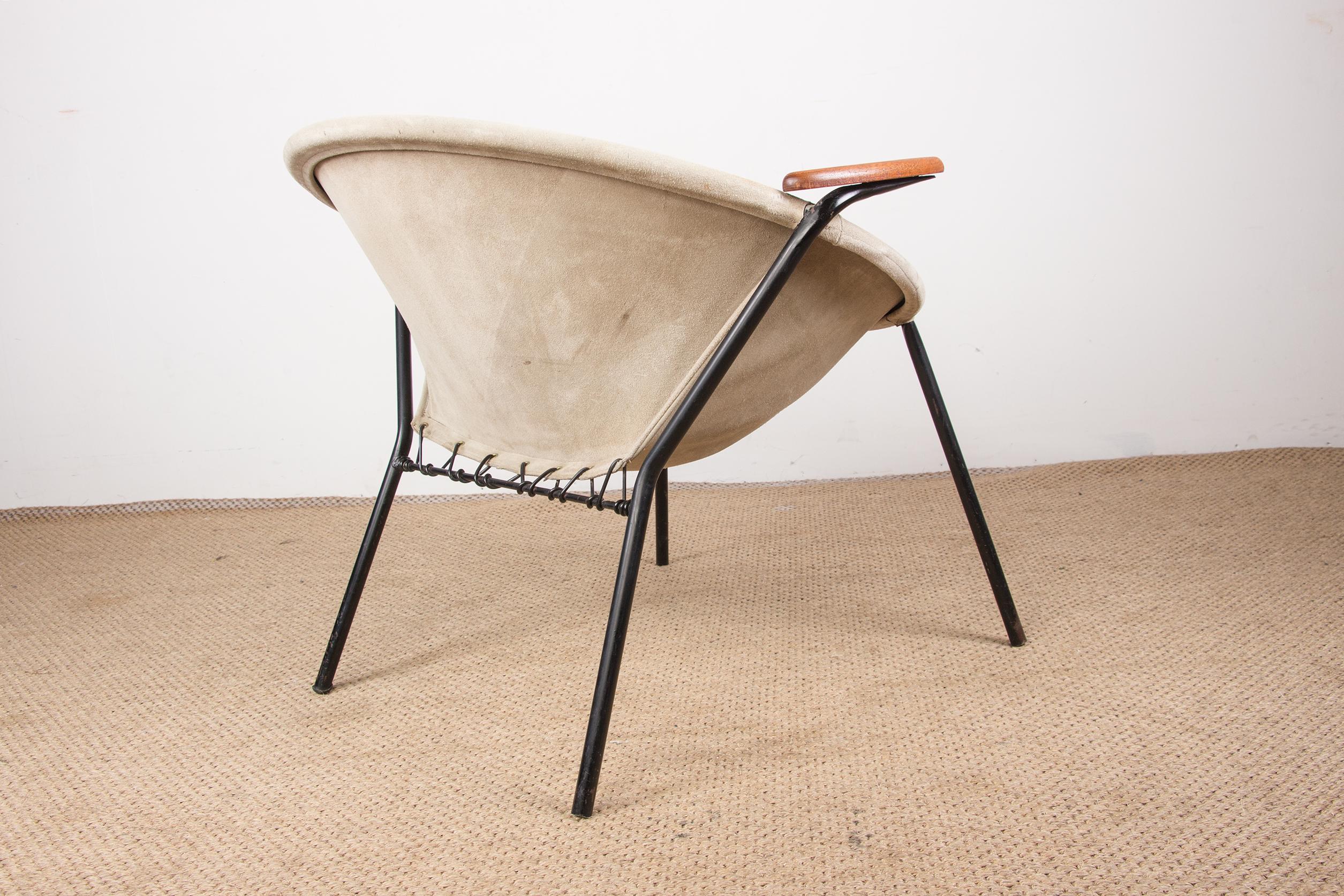 Danish Leather, Steel and Teak Armchair, Balloon Model by Hans Olsen 1960 For Sale 6