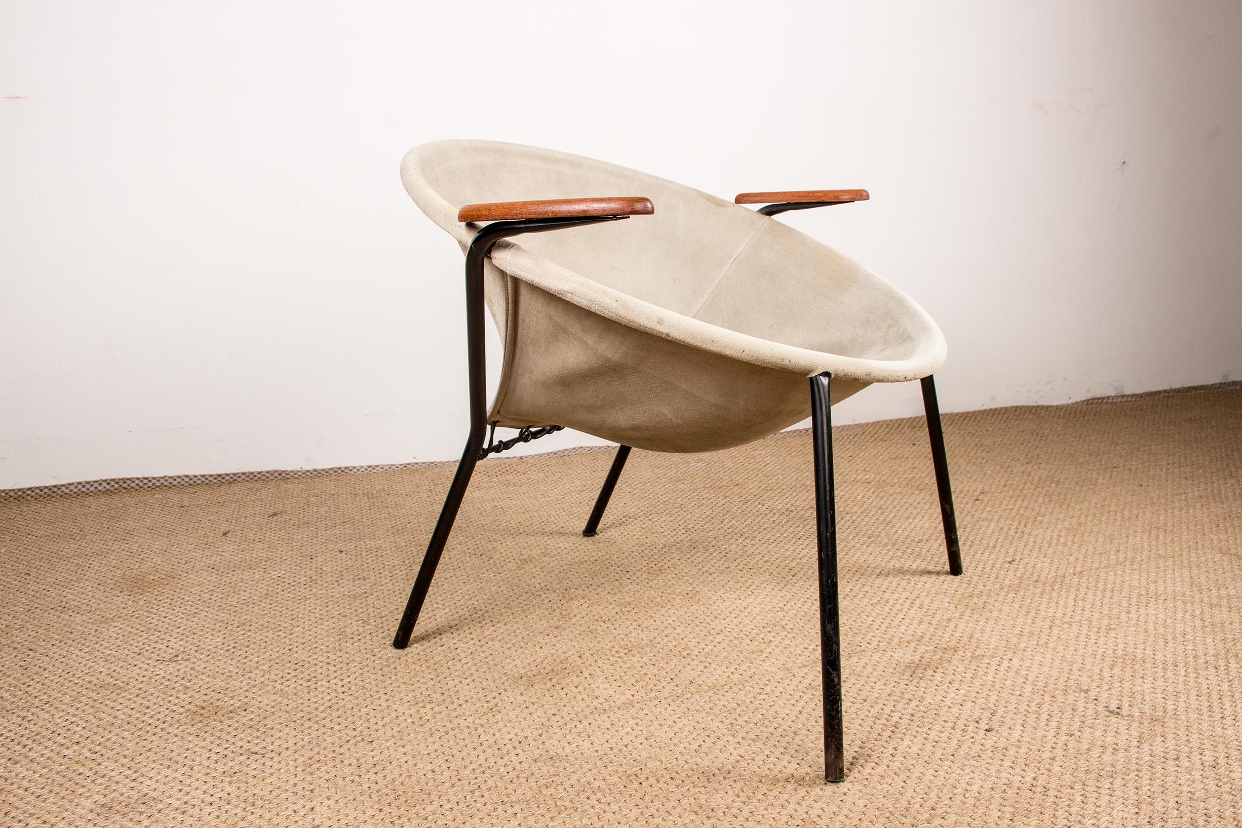 Mid-20th Century Danish Leather, Steel and Teak Armchair, Balloon Model by Hans Olsen 1960 For Sale
