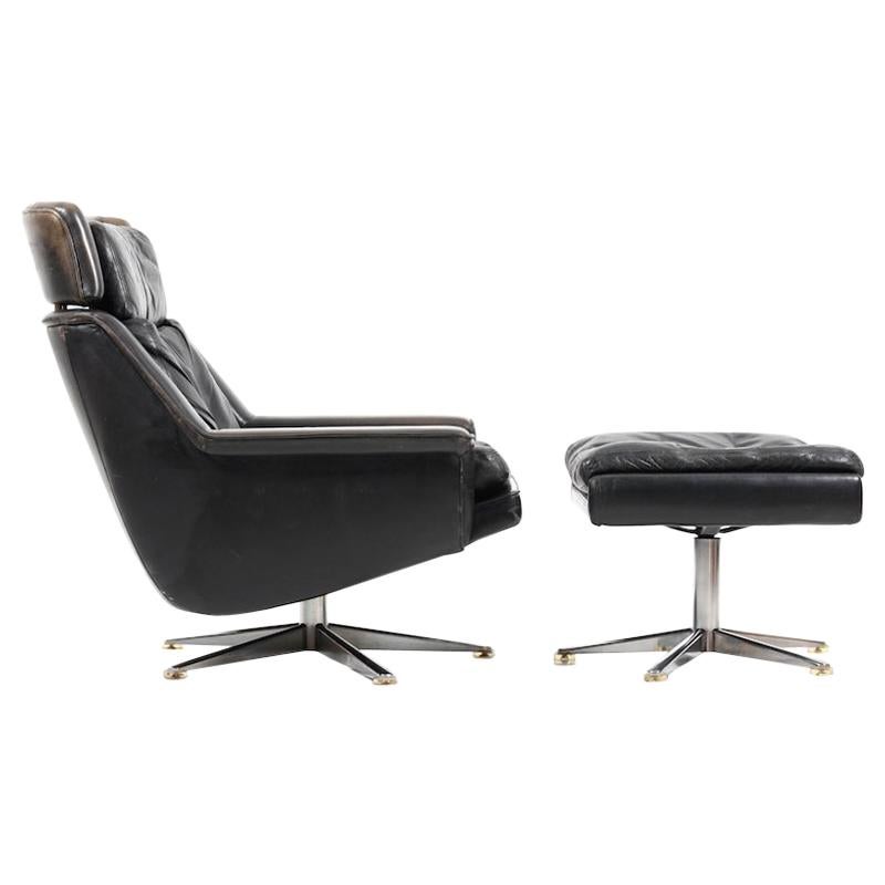 Danish Leather Swivel Lounge Chair and Ottoman by Werner Langenfeld for ESA For Sale